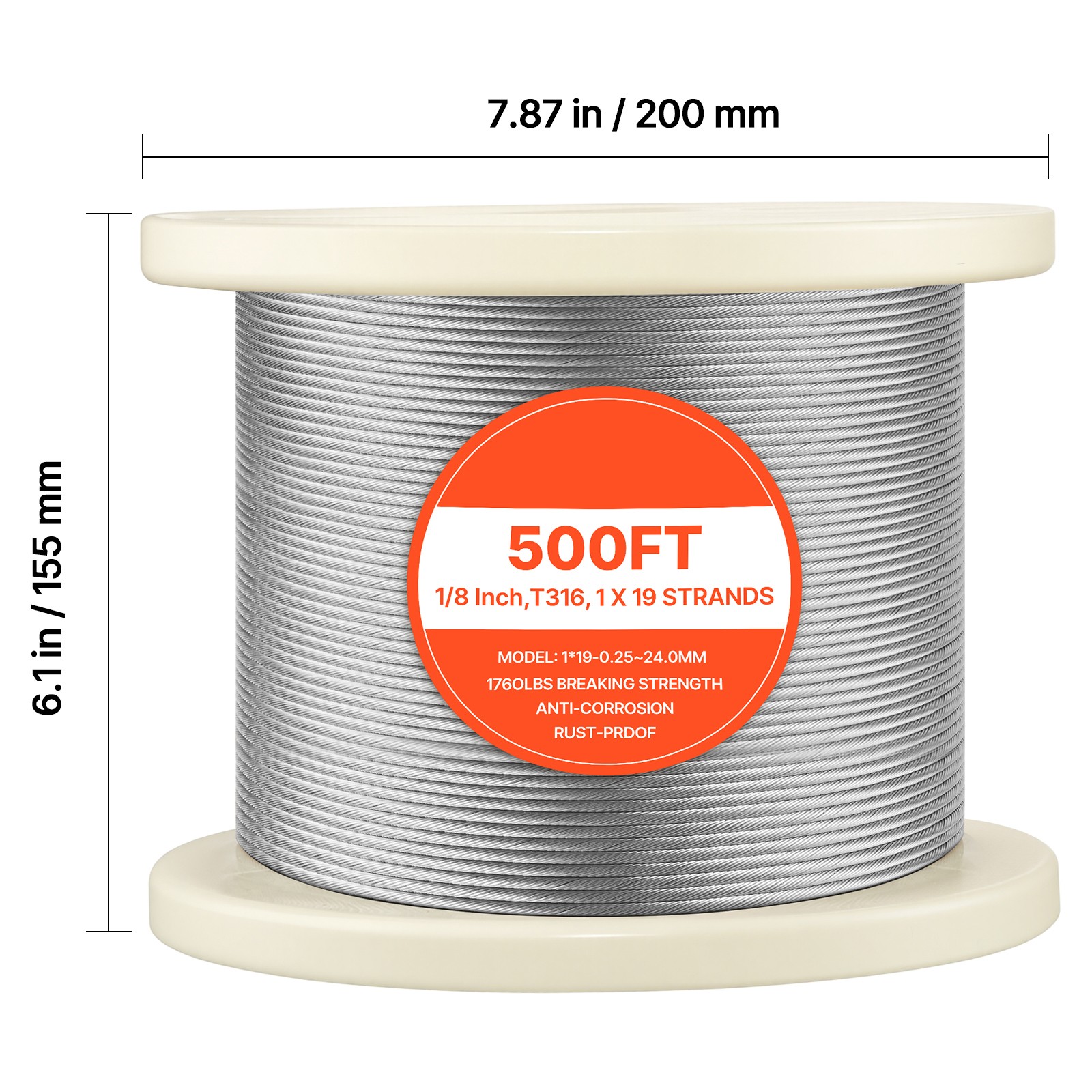Uimoso 316 Stainless Steel 1/8 in Wire Rope, 1×19 Strand, 500 ft for Railing