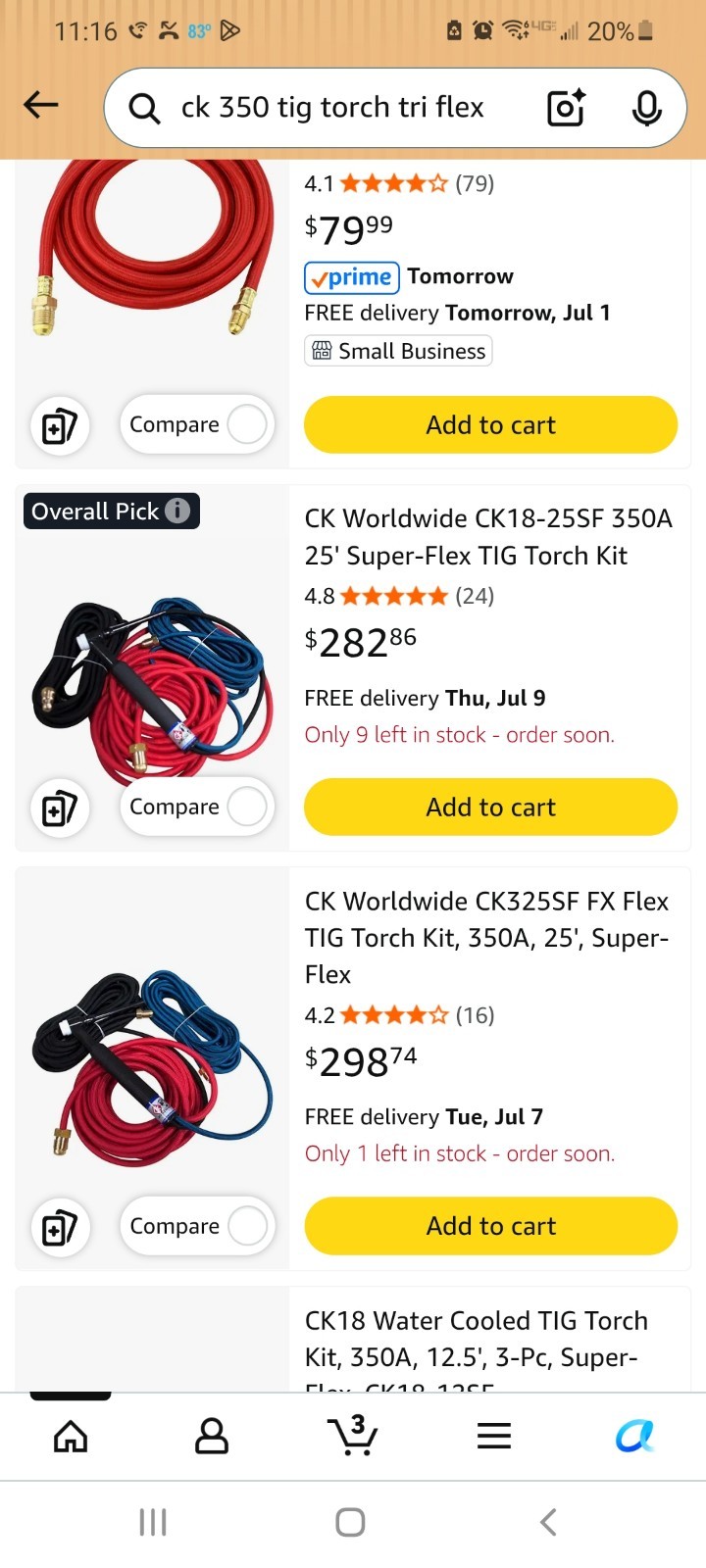 CK Worldwide Ck300 RG TIG TORCH 25FT 350AMP Tri-flex Cable AC/DC