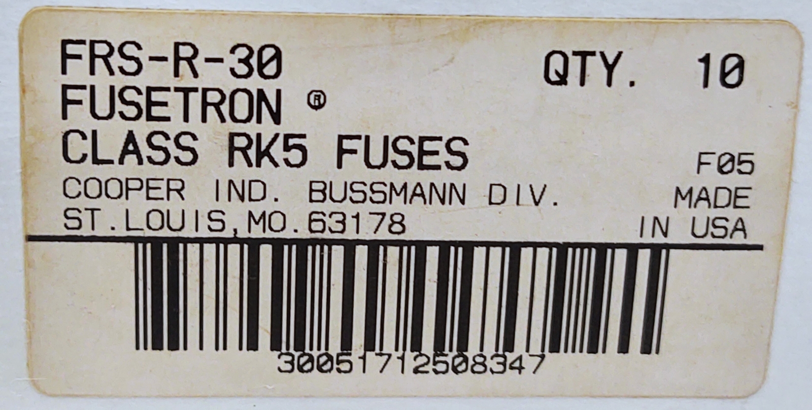 Bussmann FRS-R-30 600VAC/300VDC 30 A Class RK5 Time-Delay Current-Limiting Fuse
