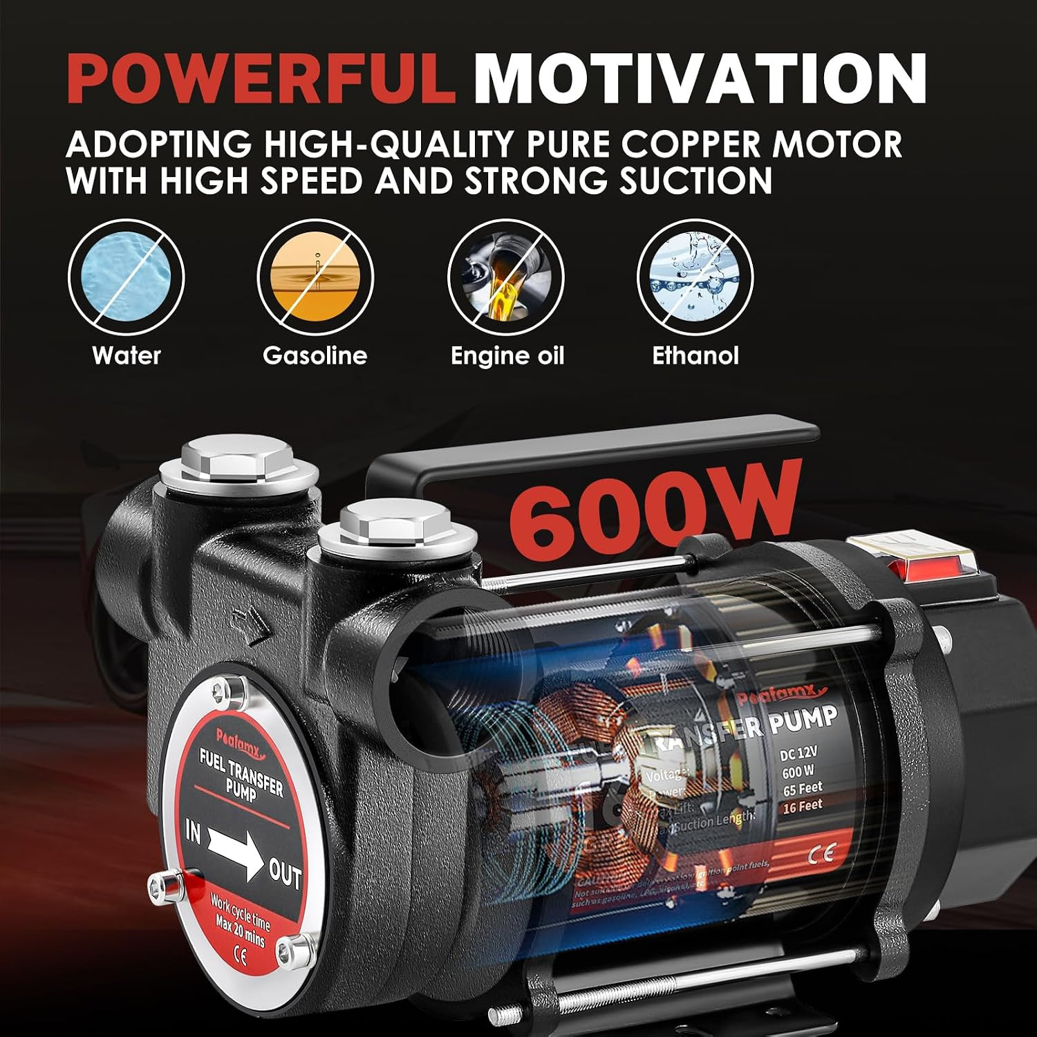 12V DC Fuel Transfer Pump, 16 GPM 600W Diesel Transfer Pump | Portable Self Prim