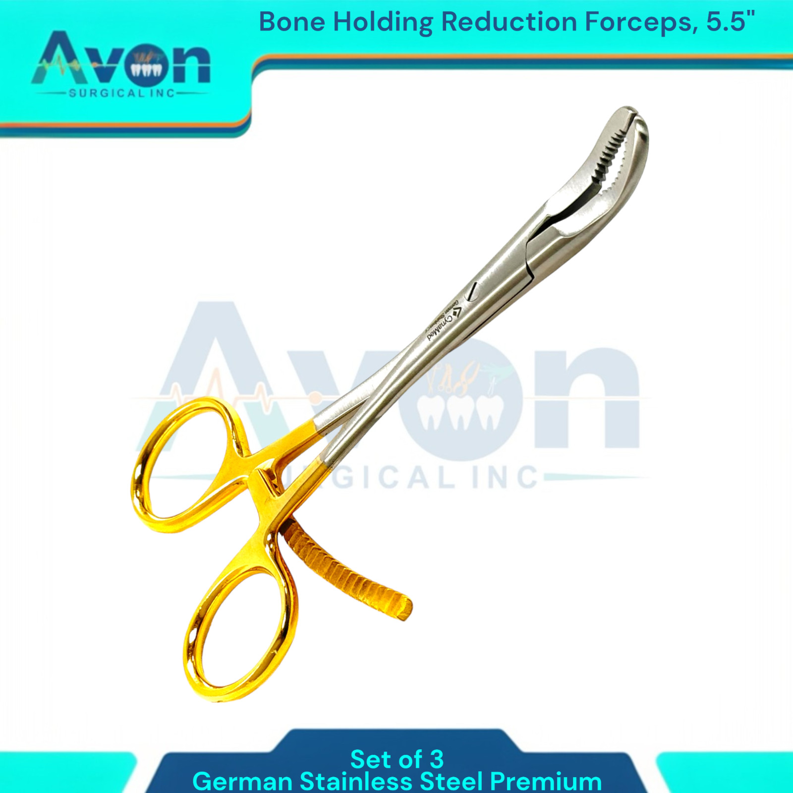 Premium Bone Holding Reduction Forceps 5.5″ w/ Ratcheting Gold Handle, 3PK