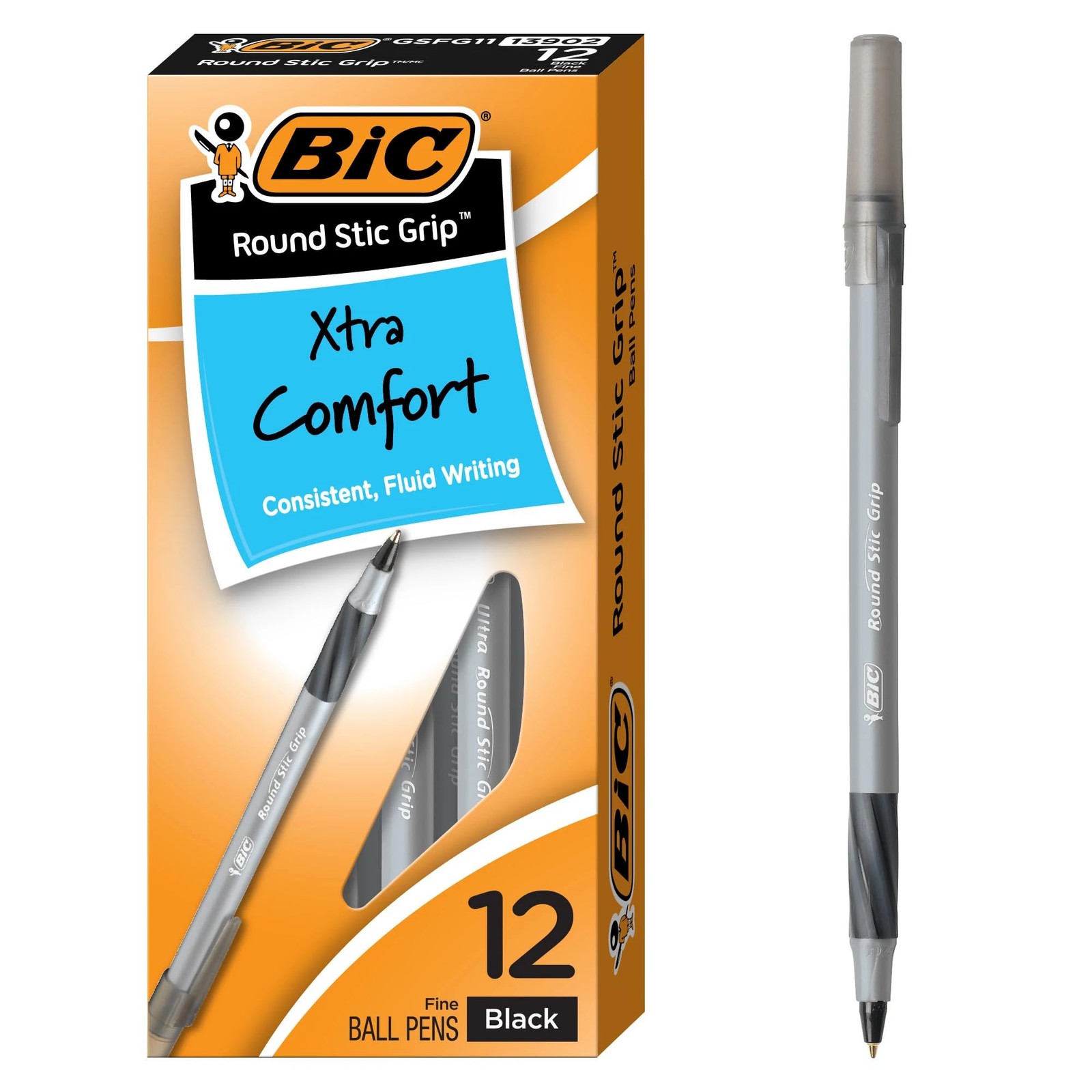 Bic Japan Round Stic Grip Xtra Comfort Ballpoint Pen Fine Point Black 12-Count