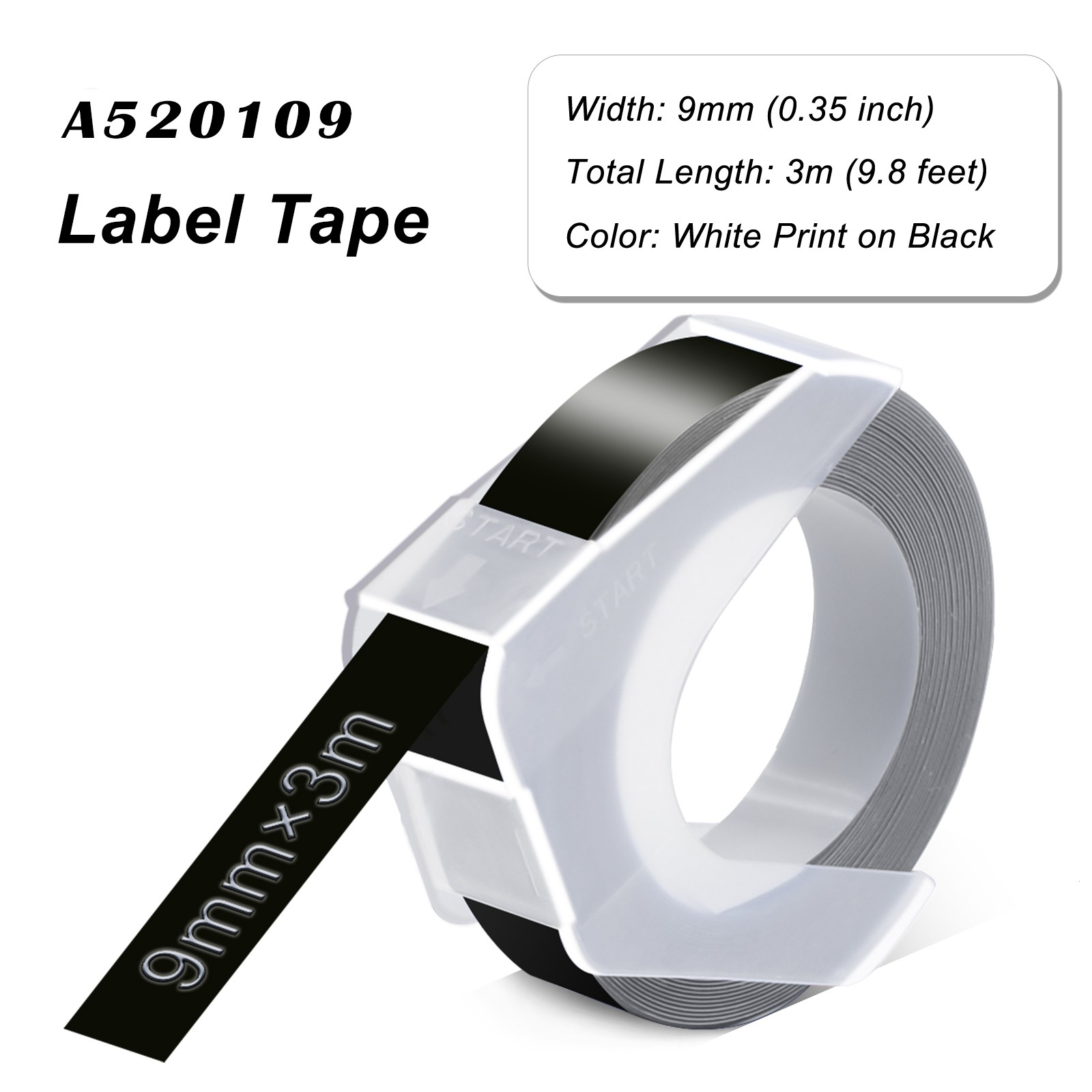 Refill DYMO 3D Embossing Label Tape Organizer Xpress 520109 White on Black 3/8″