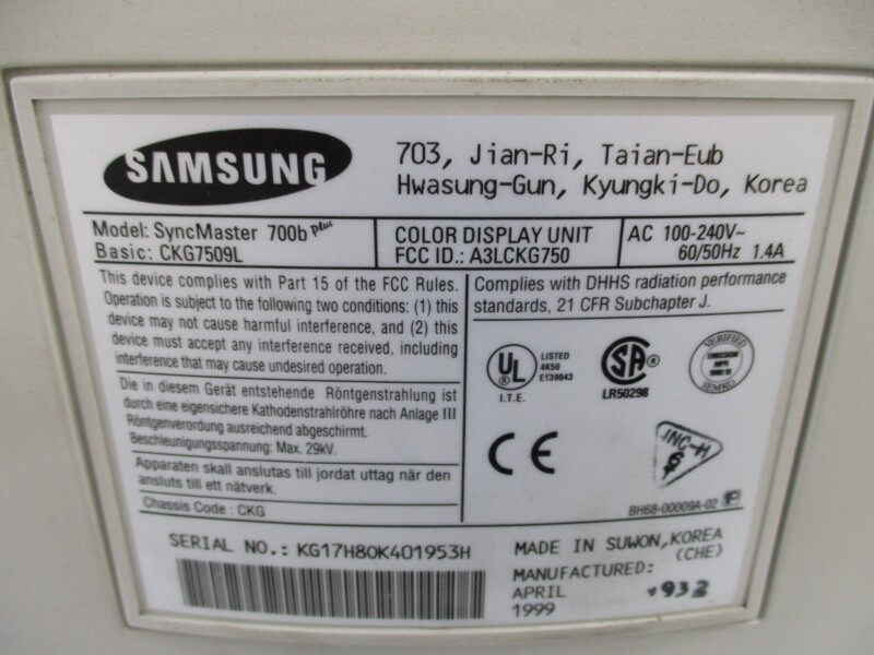 SAMSUNG CKG7509L SYNCMASTER 700B PLUS 100-240VAC 1.4A UNMP