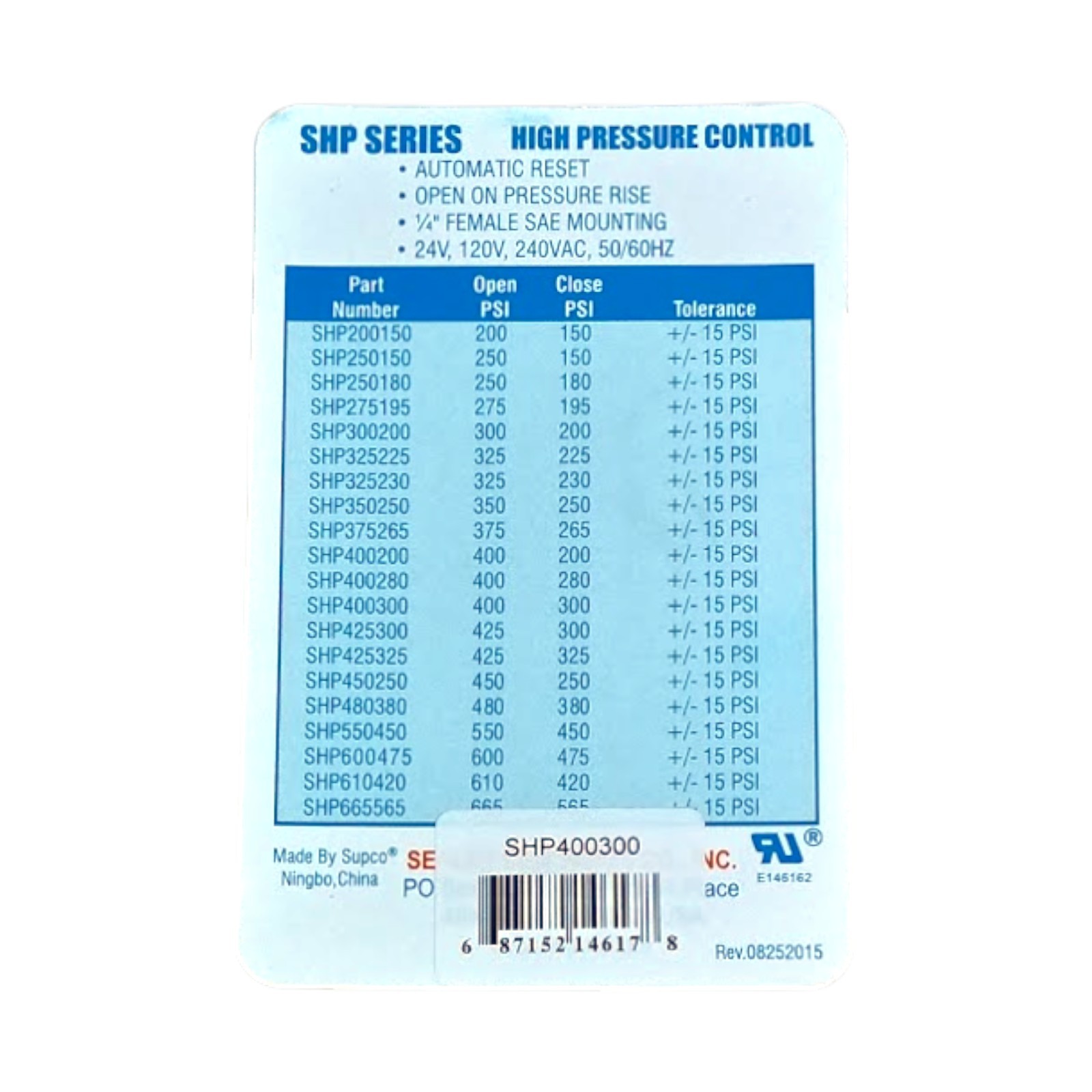 Supco SHP400300 High Pressure Switch Open: 400 Close: 300 PSI HVAC Refrigeration