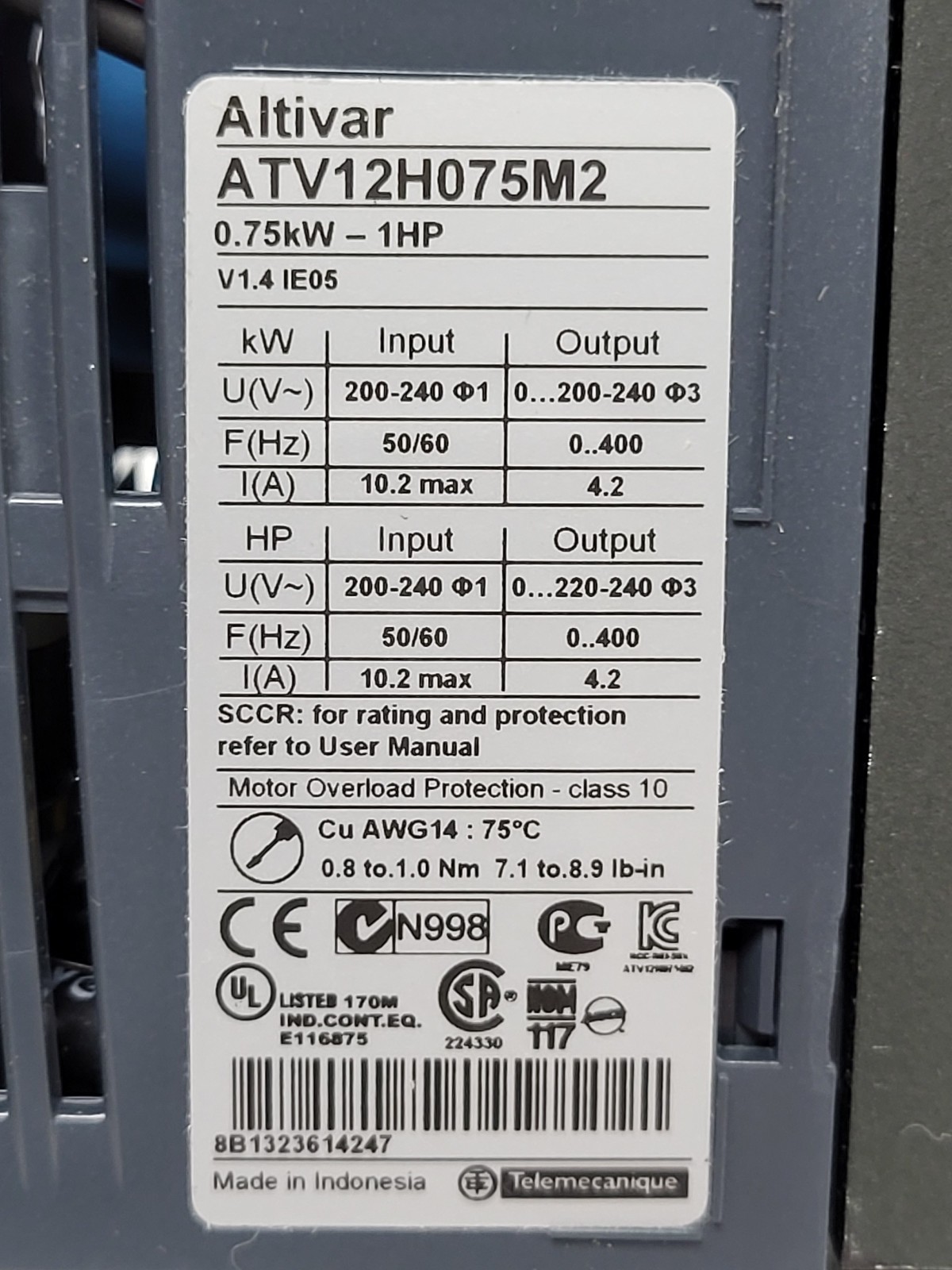 Schneider Electric ATV12H075M2 VFD, 1HP, 200-240V, 1-Phase, Heatsink