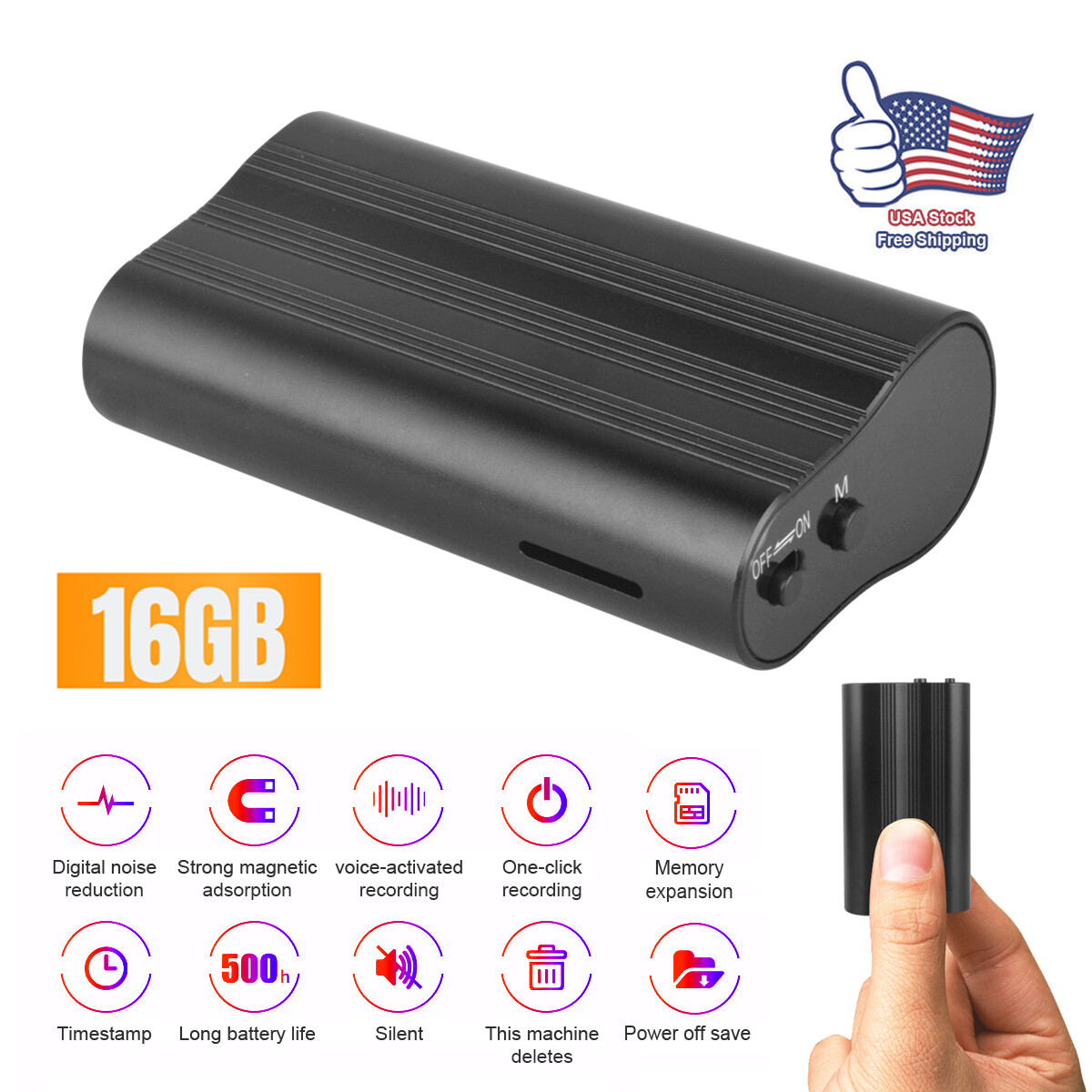 Mini Audio 500 Hr 16GB Spy Digital Voice Activated Recorder Magnetic MP3 Player.