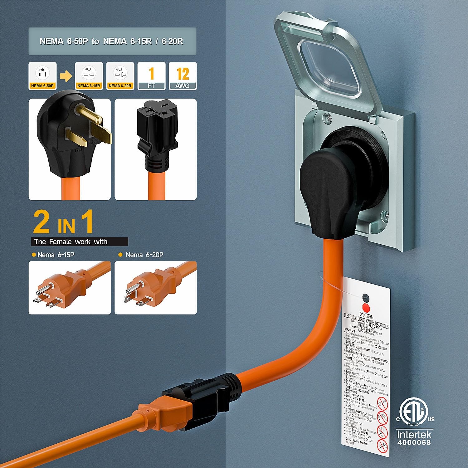 1.5FT Nema 6-50P to 6-15R/6-20R Welder Power Adapter Cord, 6-50P 50-Amp to 6-20R