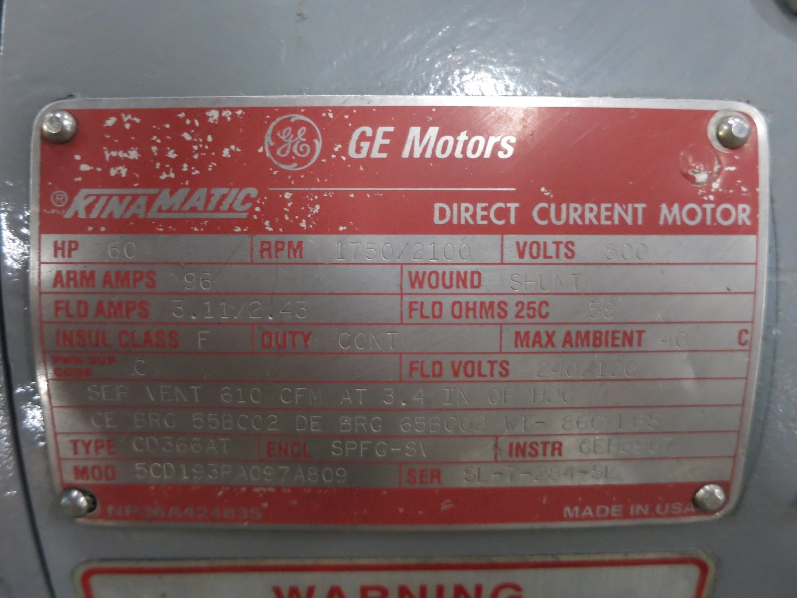 REBUILT GE 60 HP DC Motor CD366AT SPFG-SV 500V 1750/2100 RPM 500 VDC Kinamatic