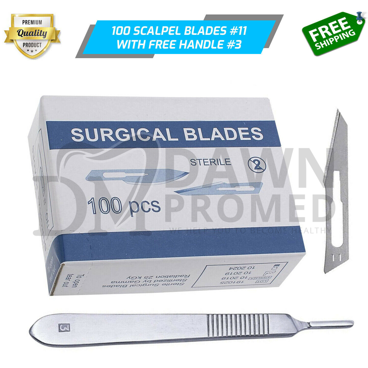 100 Sterile Surgical Blades #11 W/FREE Scalpel Handle #3 Medical ENT German Gr