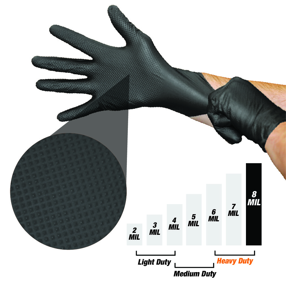 Heavy Duty Industrial Black Nitrile Gloves with Raised Diamond Texture, 8-mil