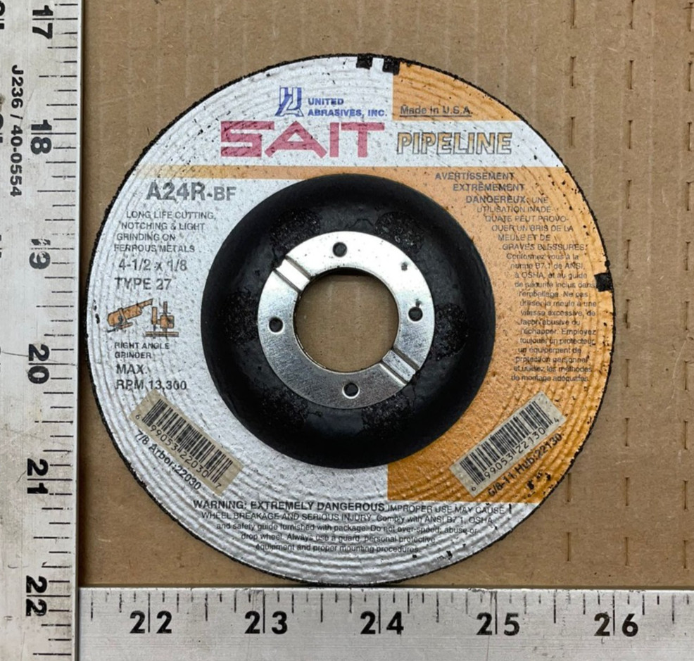 SAIT Pipiline 4-1/2 x 1/8 A24R-BF Grinding Wheel Type 27 13,300RPM Ferrous Metal