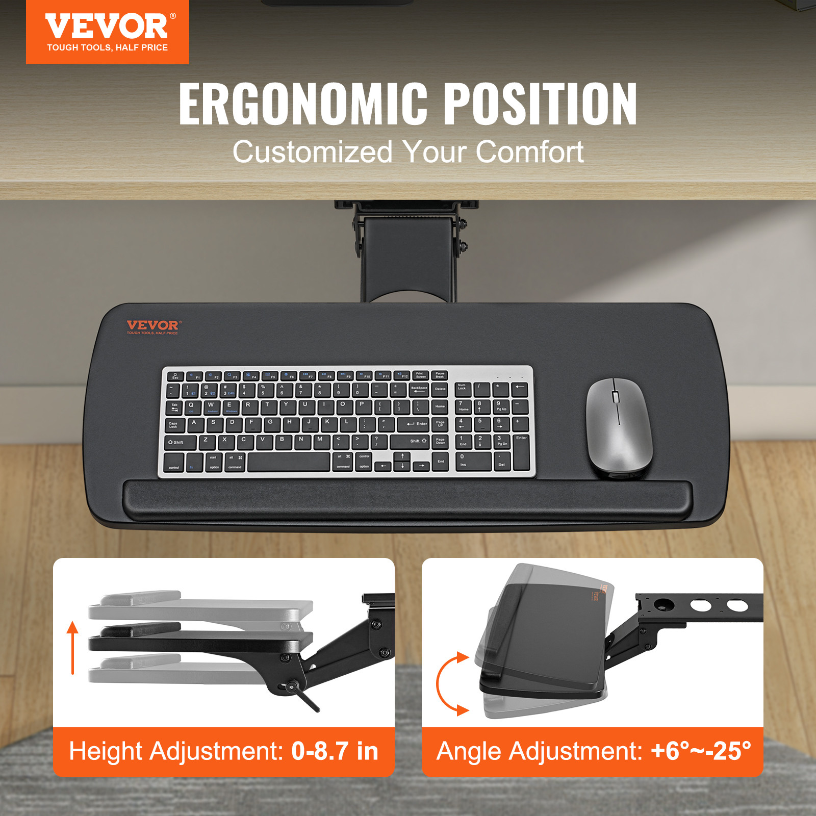 VEVOR Keyboard Tray Under Desk Ergonomic Pull out Keyboard/Mouse Tray 25×9.8 in