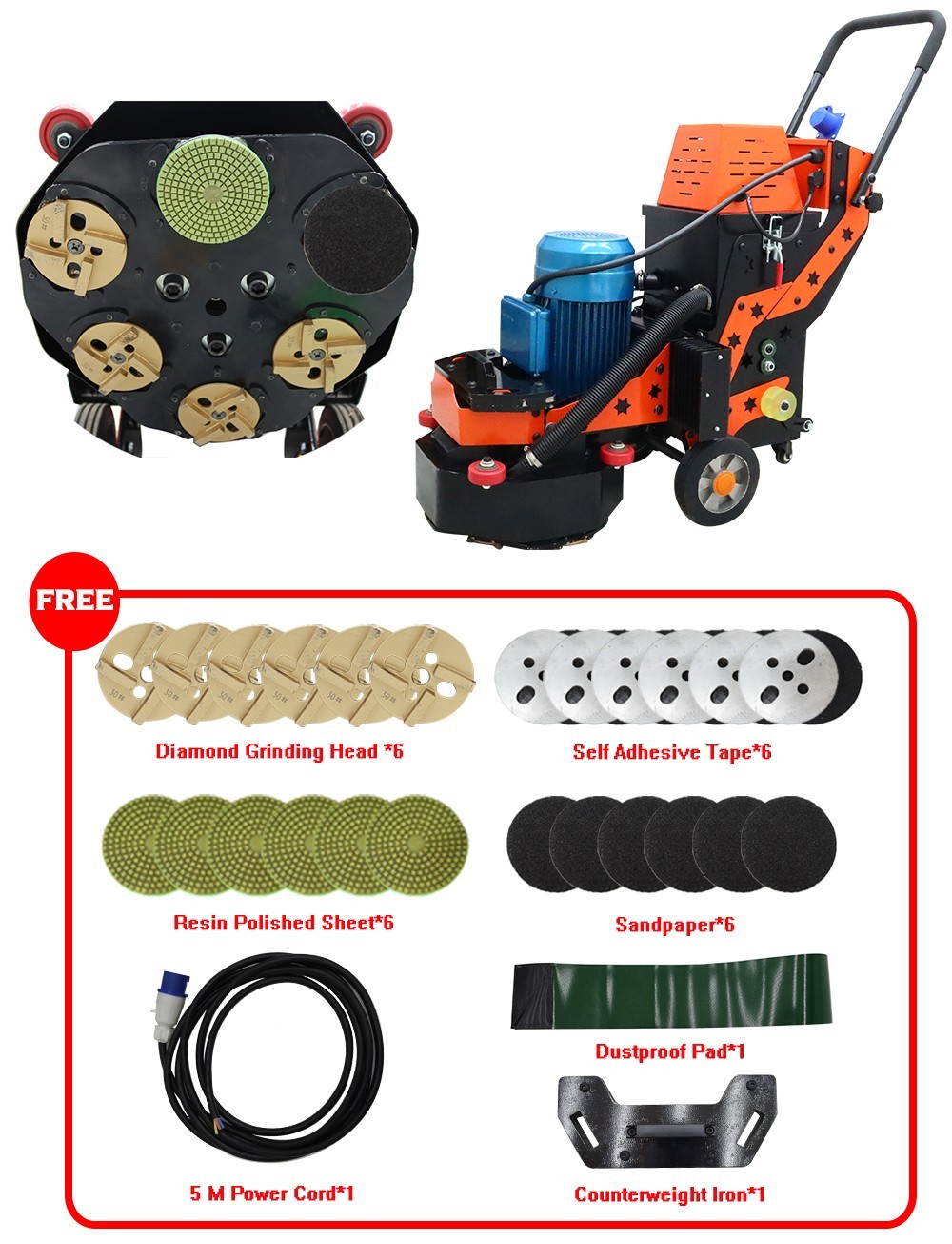 220V 5.4HP Concrete Floor Grinding Polishing Machine 16.14″Grind Wide 6pcs Head