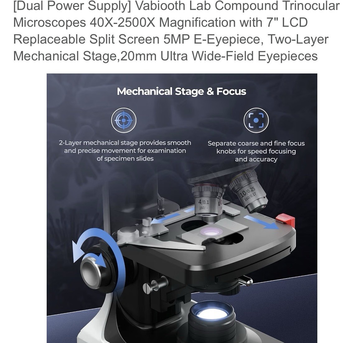 Vabiooth Trinocular Compound Upright Microscope 40X-2500X 7″ LCD 5MP