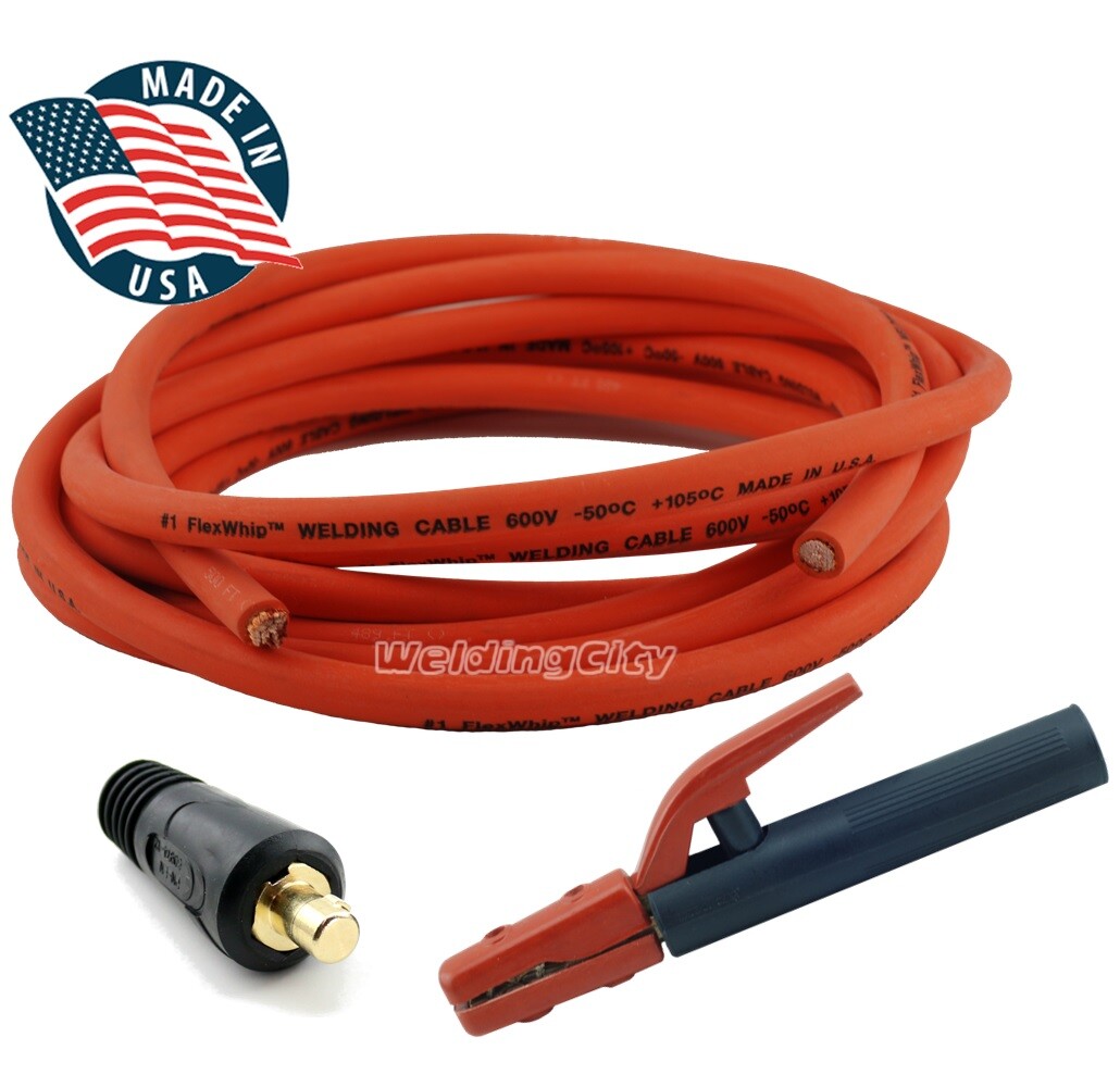 WeldingCity 25′ USA Made #1 Welding Cable Orange w/ 300A Stick Holder Dinse Plug