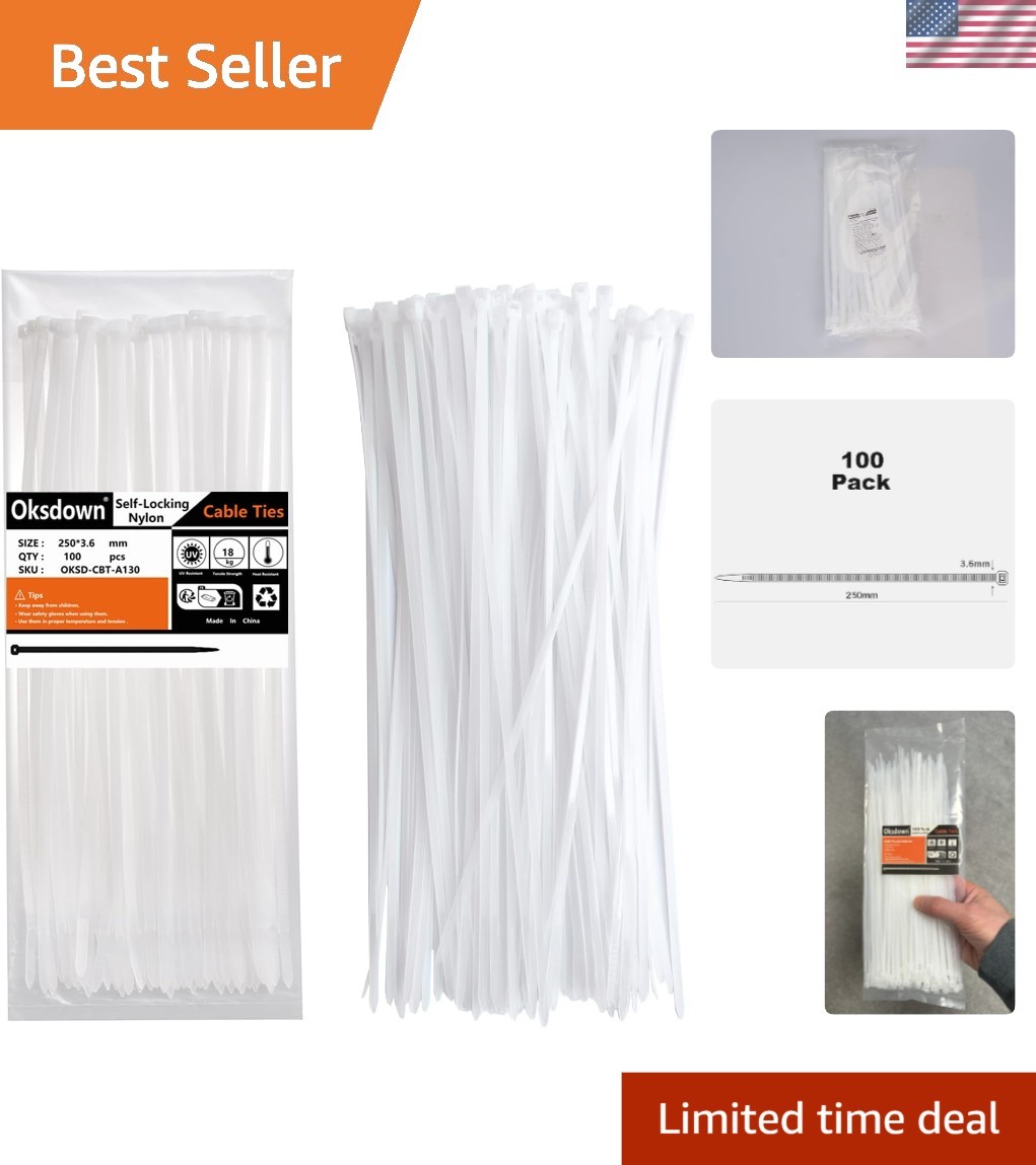 Self-Locking White Zip Ties (100 Pack) – 10″ Nylon Cable Ties for Home & Garden