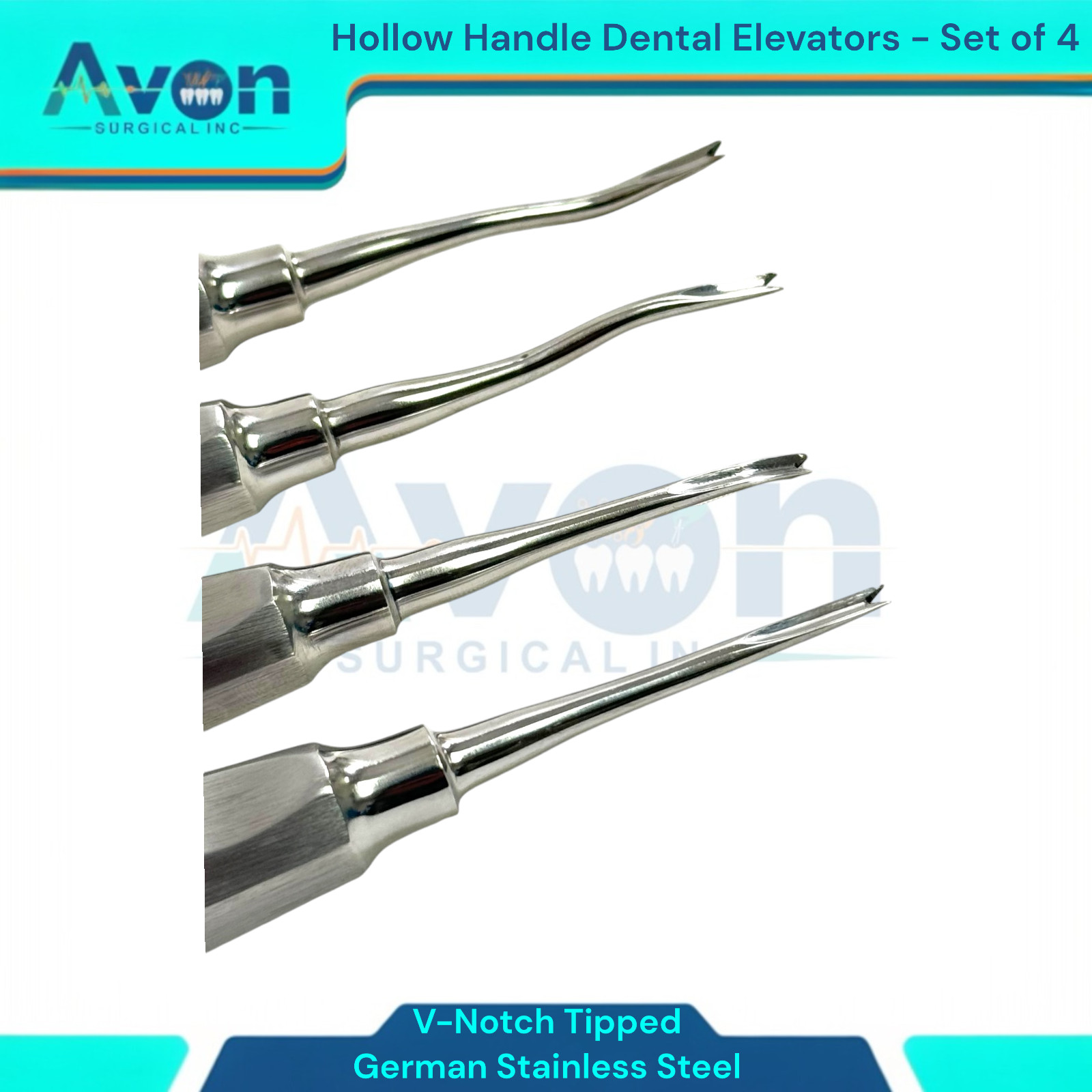 Periotome Apical Dental Elevator V-Notched Grooved, Hollow Handle (Set of 4)