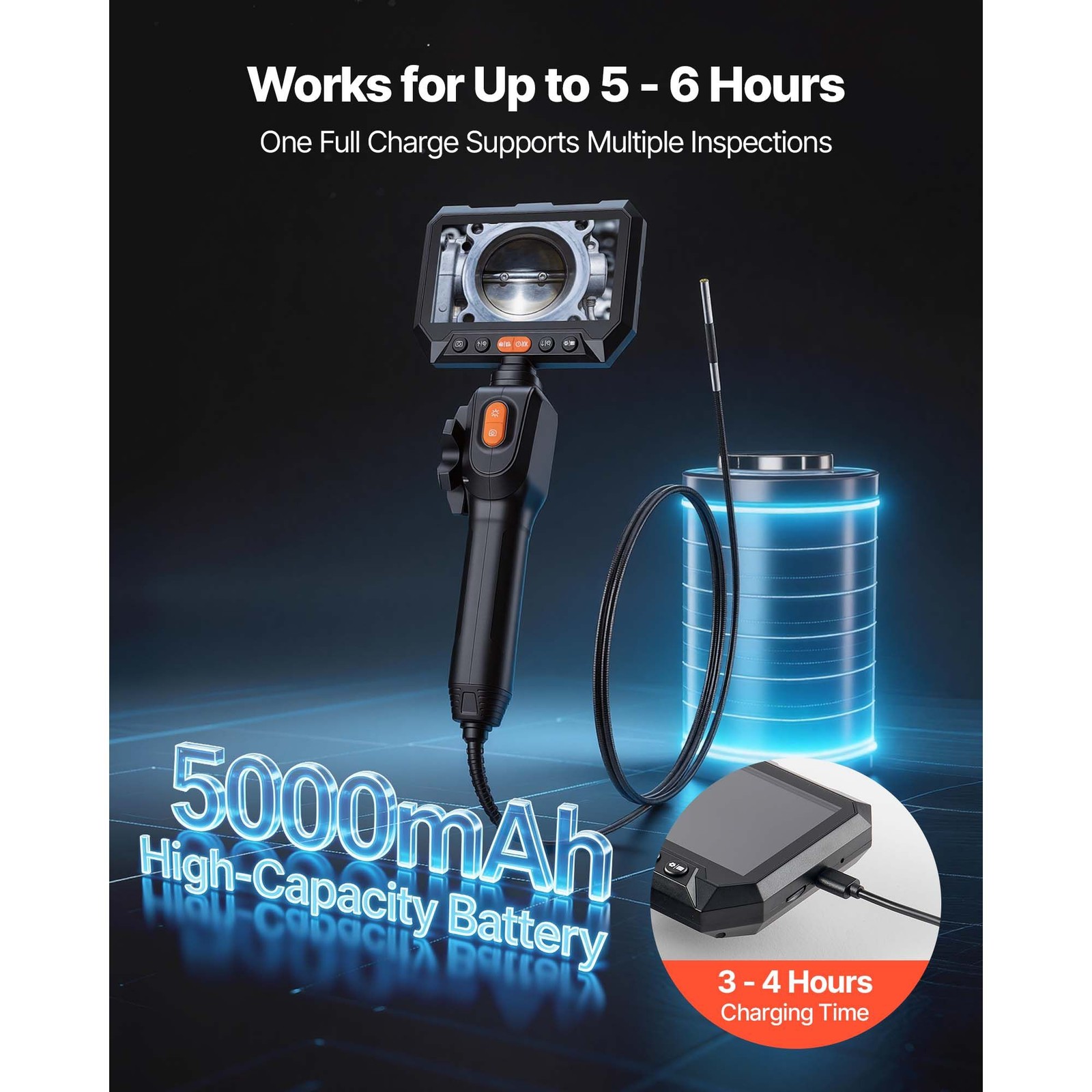 Ultra Slim Borescope: 0.15″, 2-Way Articulation, 5″ HD Screen, 4.9ft Cable, IP67