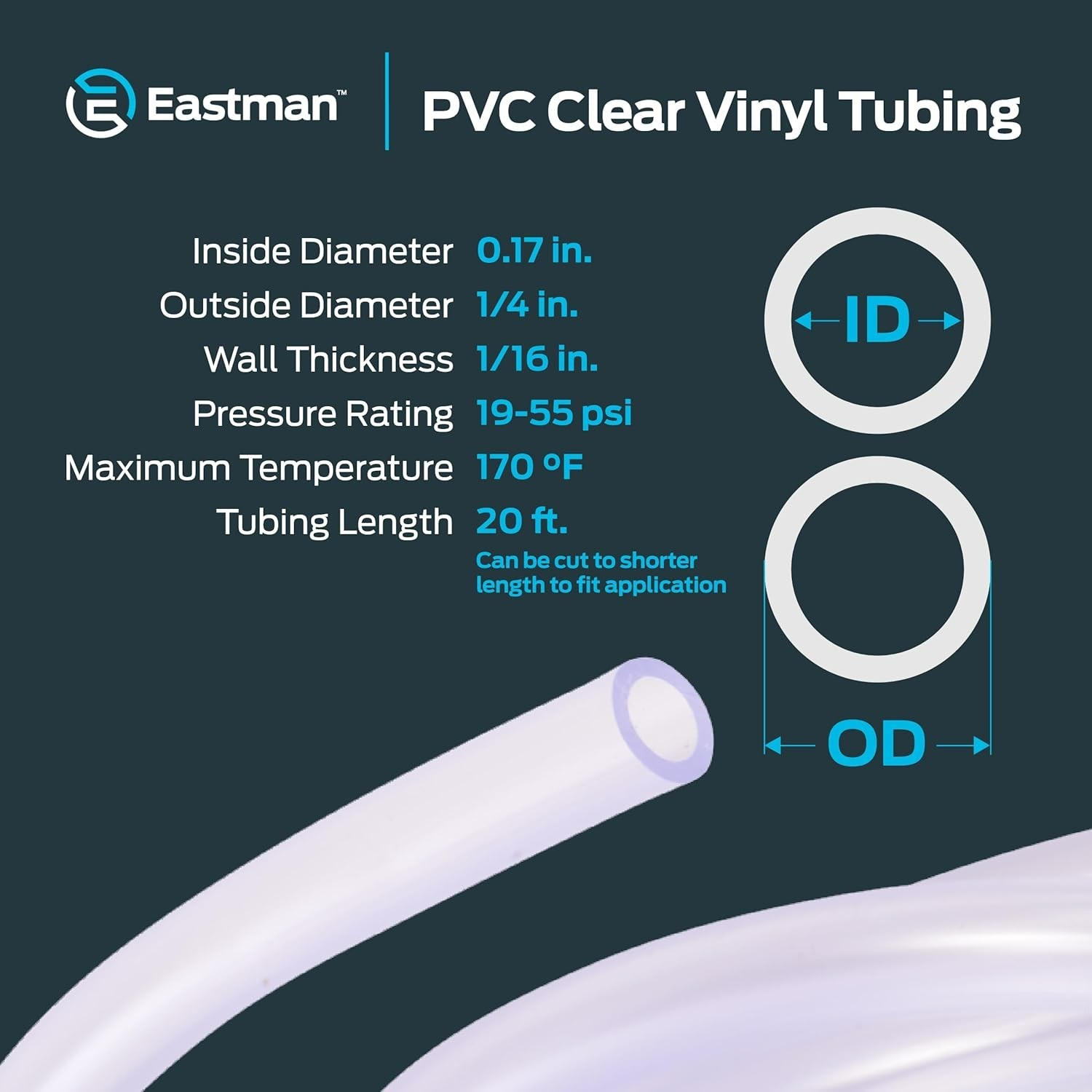 0.17 Inch ID 1/4 Inch OD PVC Clear Vinyl Tubing, 20 Foot Length, 98560