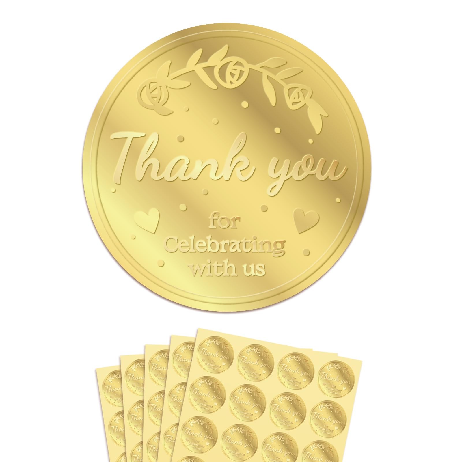 100 x Thank You for Celebrating with us Favor Stickers Labels, Gold Foil
