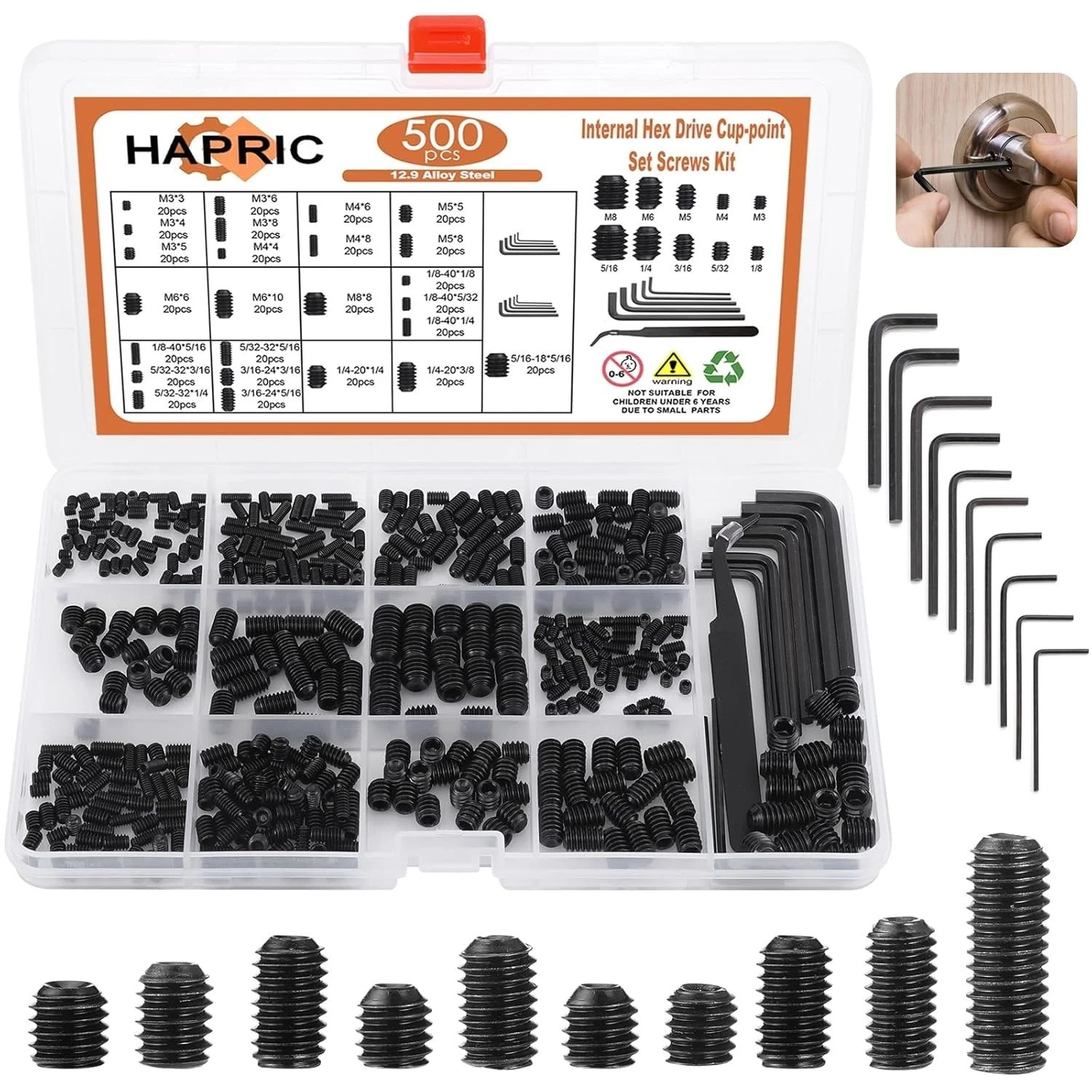 500 Pcs 25 Size Set Screws Metric&SAE Set Screw Assortment Kit 12.9 Alloy Ste…