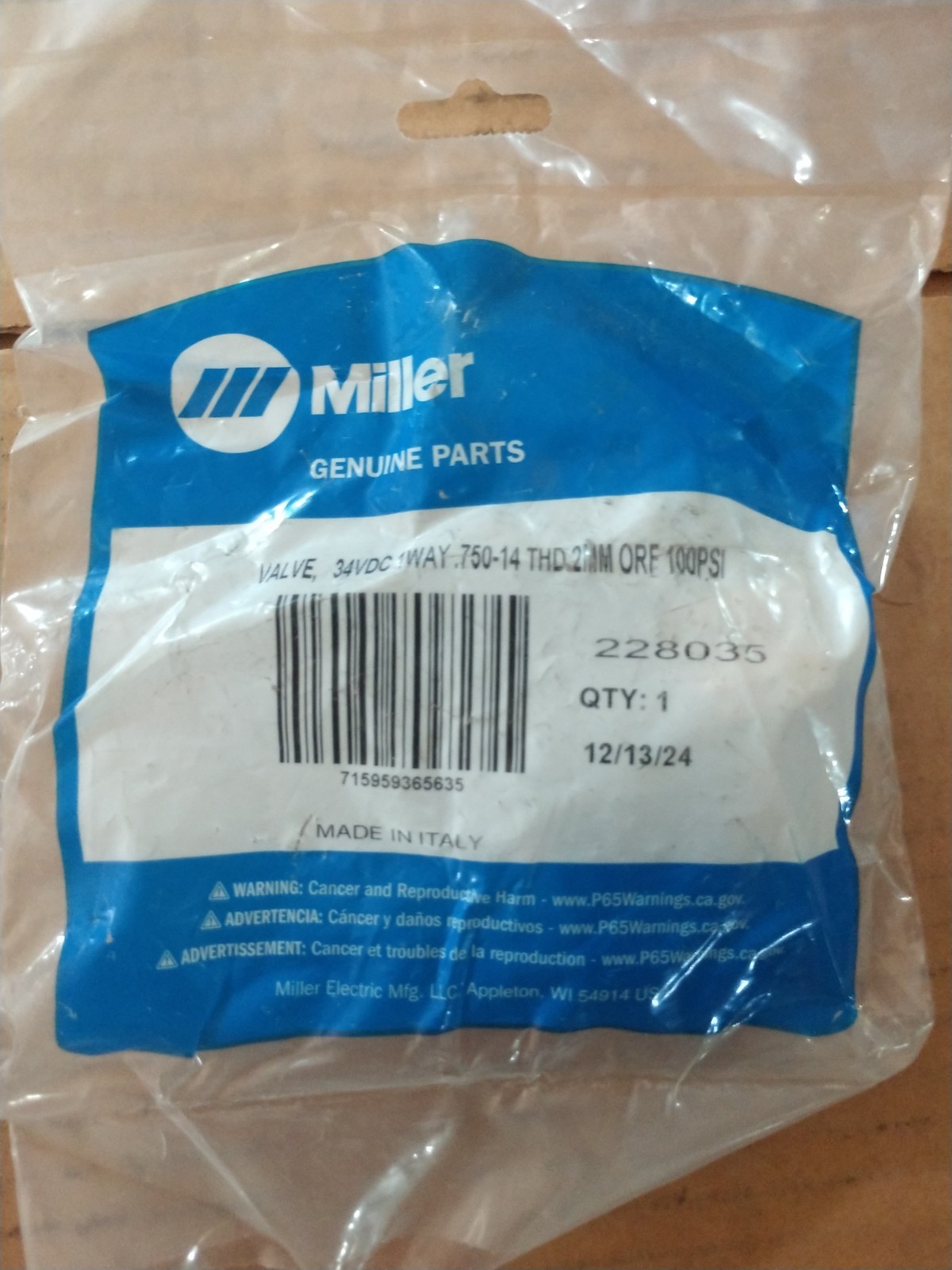 Miller 228035 Valve .750″ – 14 X 2 mm 34 VDC 100 psi 1-Way BRAND NEW NOS