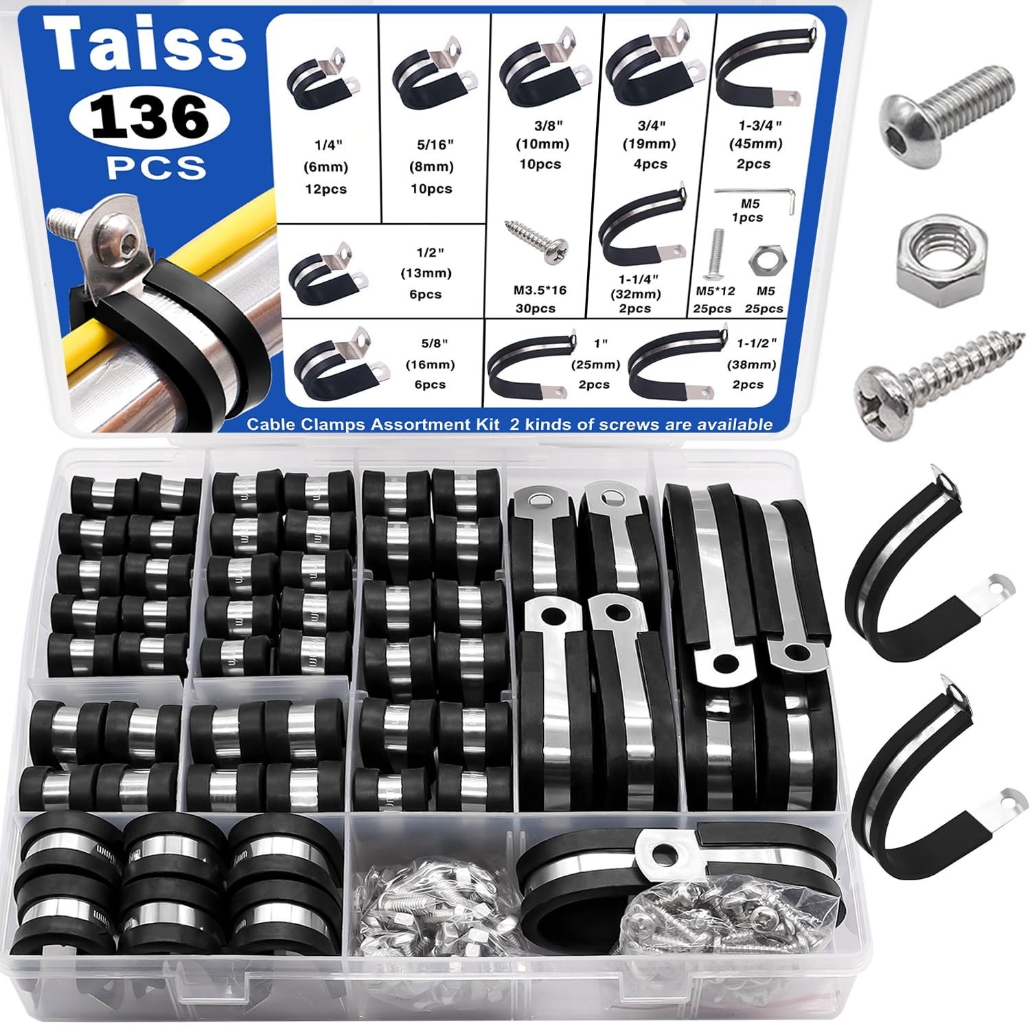 136PCS Cable Clamps Assortment Kit,10 Sizes 304 Stainless Steel Rubber Cushion