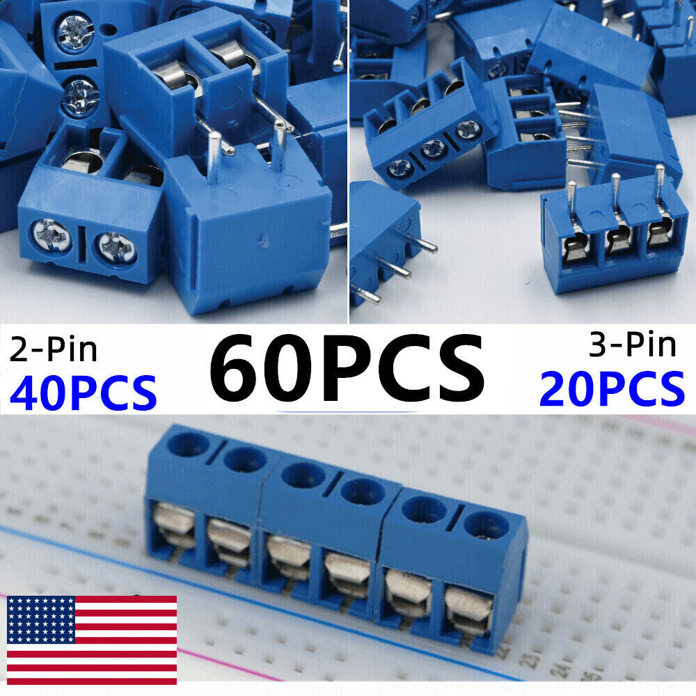 60Pcs Blue KF301-2P/3P PCB Mount Screw Terminal Block Connector 2/3Pin 5mm Pitch