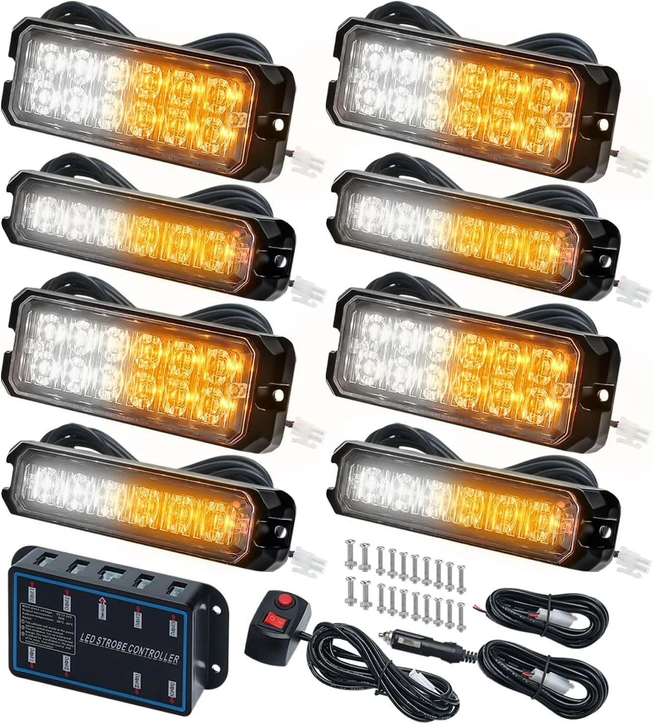 8PCS Ultra Slim LED Strobe Lights Amber White Warning Flashing Kit for Trucks