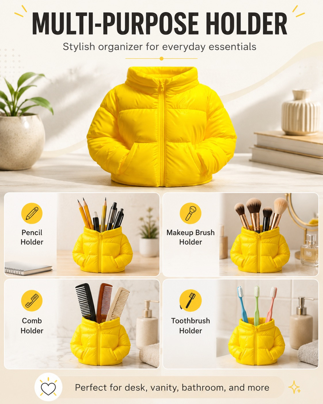Yellow Puffer Jacket Holder 3D Printed Pencil Makeup Brush Toothbrush Organizer
