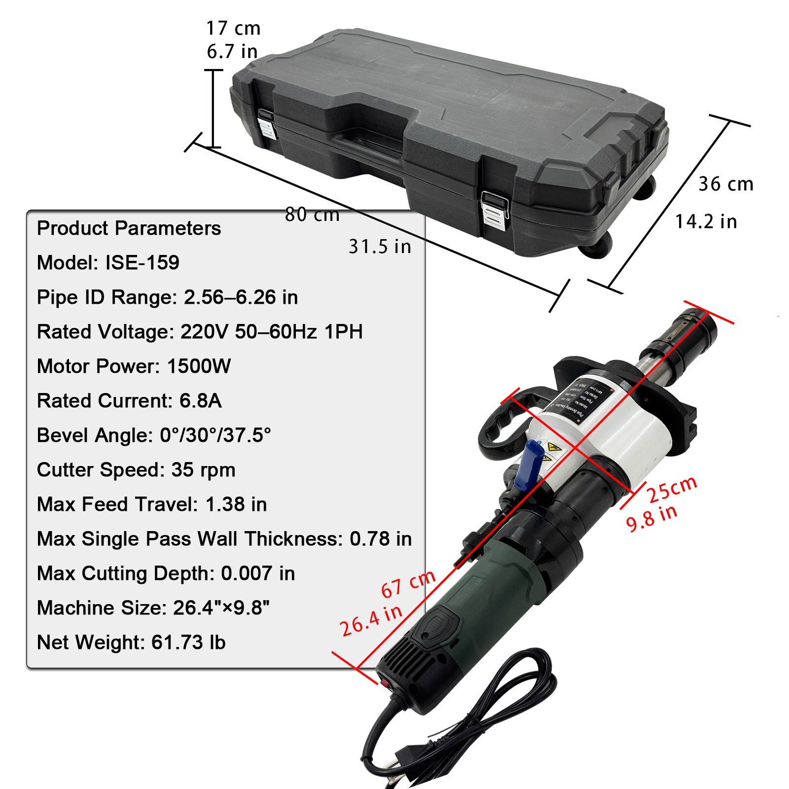 Portable Internal Pipe Beveling Machine (ISE-159, 65-159mm, 220V, 1500W/ 2.0HP)