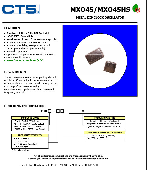 QTY (40) 25.000Mhz 1/2 SIZE OSCILLATORS 5V CMOS/TTL MXO45HS-25.00MHz CTS 25MHZ