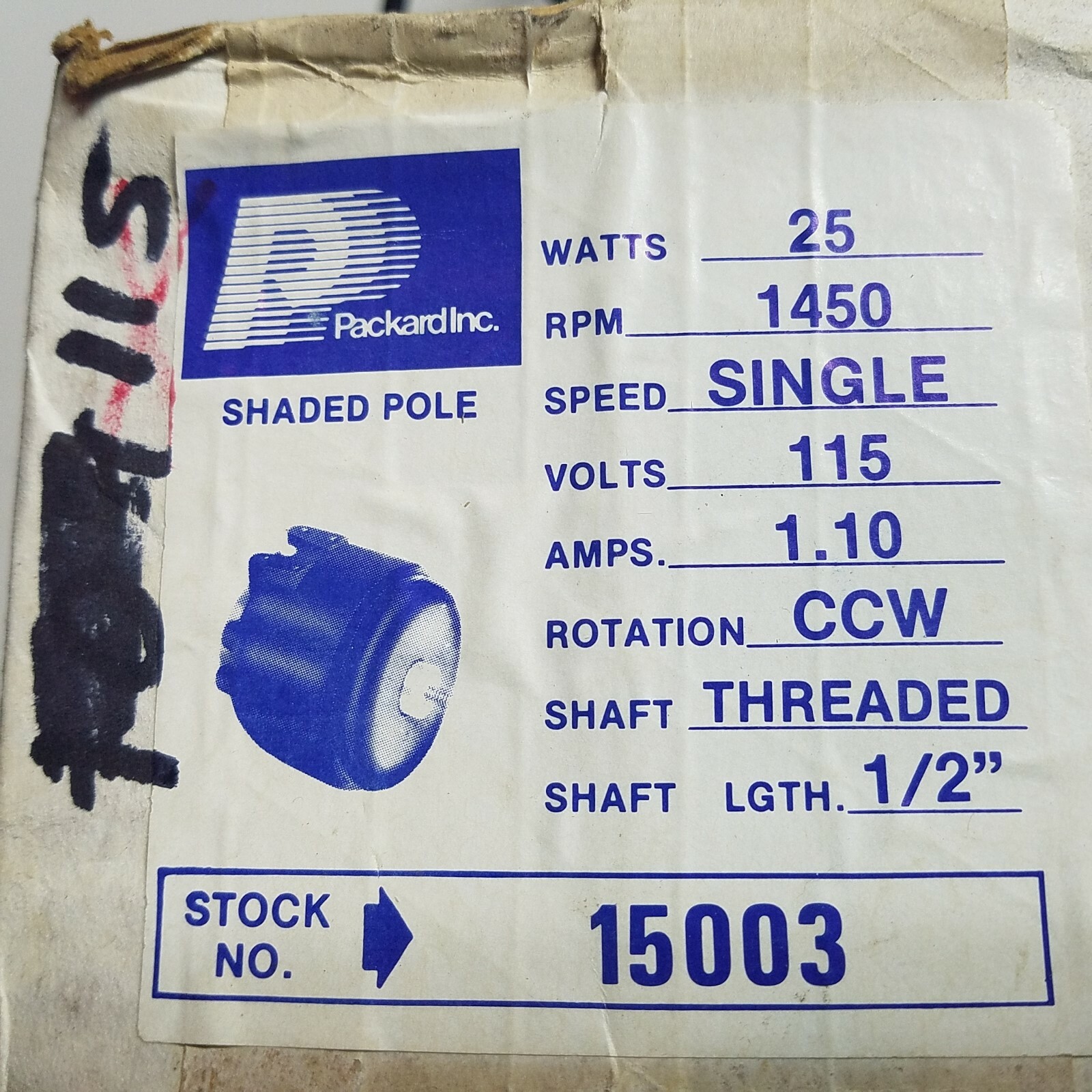 Packard Electric 15003 SHADE POLE MOTOR 1450 RPM SINGLE SPEED 115V 1.10 AMP