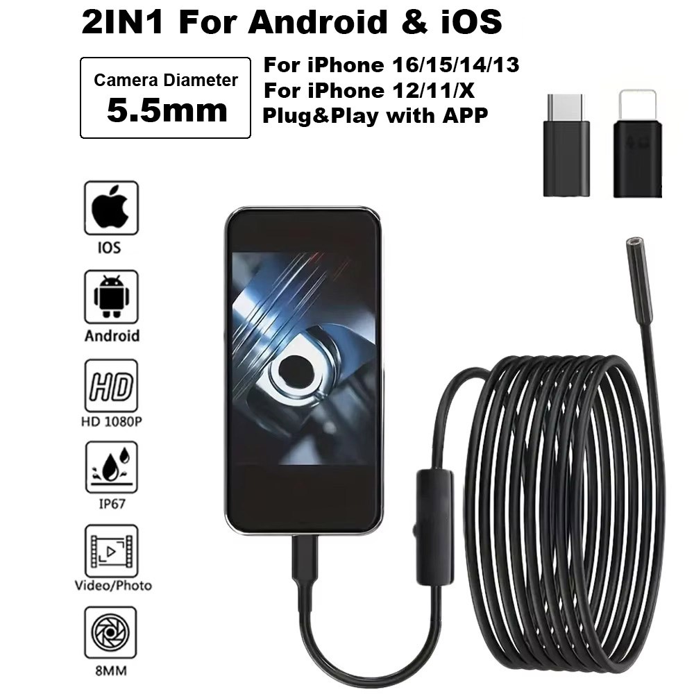 5.5mm Slim Camera Endoscope Endoscope for iOS iPhone 17/16/15/14 Waterproof Tool