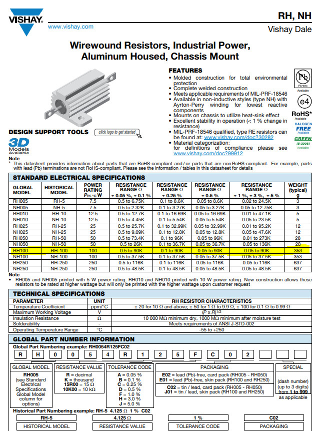 VISHAY – DALE – RH100-0.4R – RH100R4000 – Resistor, Power. 0.4 Ohm 100W. New