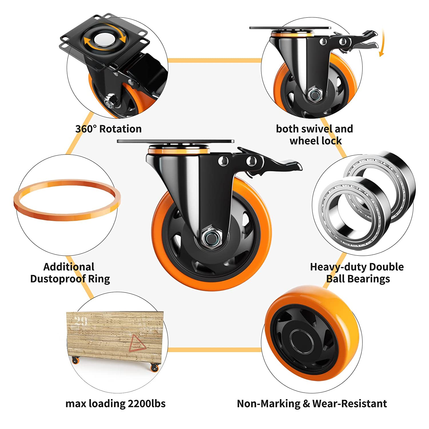 4″ Caster Wheels Set of 4 Heavy Duty 2200lb Swivel Locking Industrial Workbench