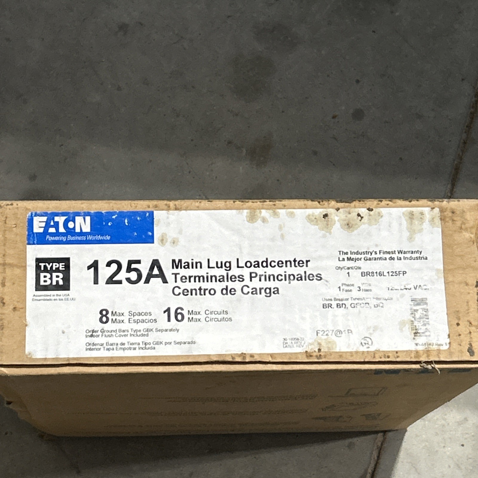 Eaton BR816L125FP Main Lug Load Center 125A 8-Spaces 16-Circuits