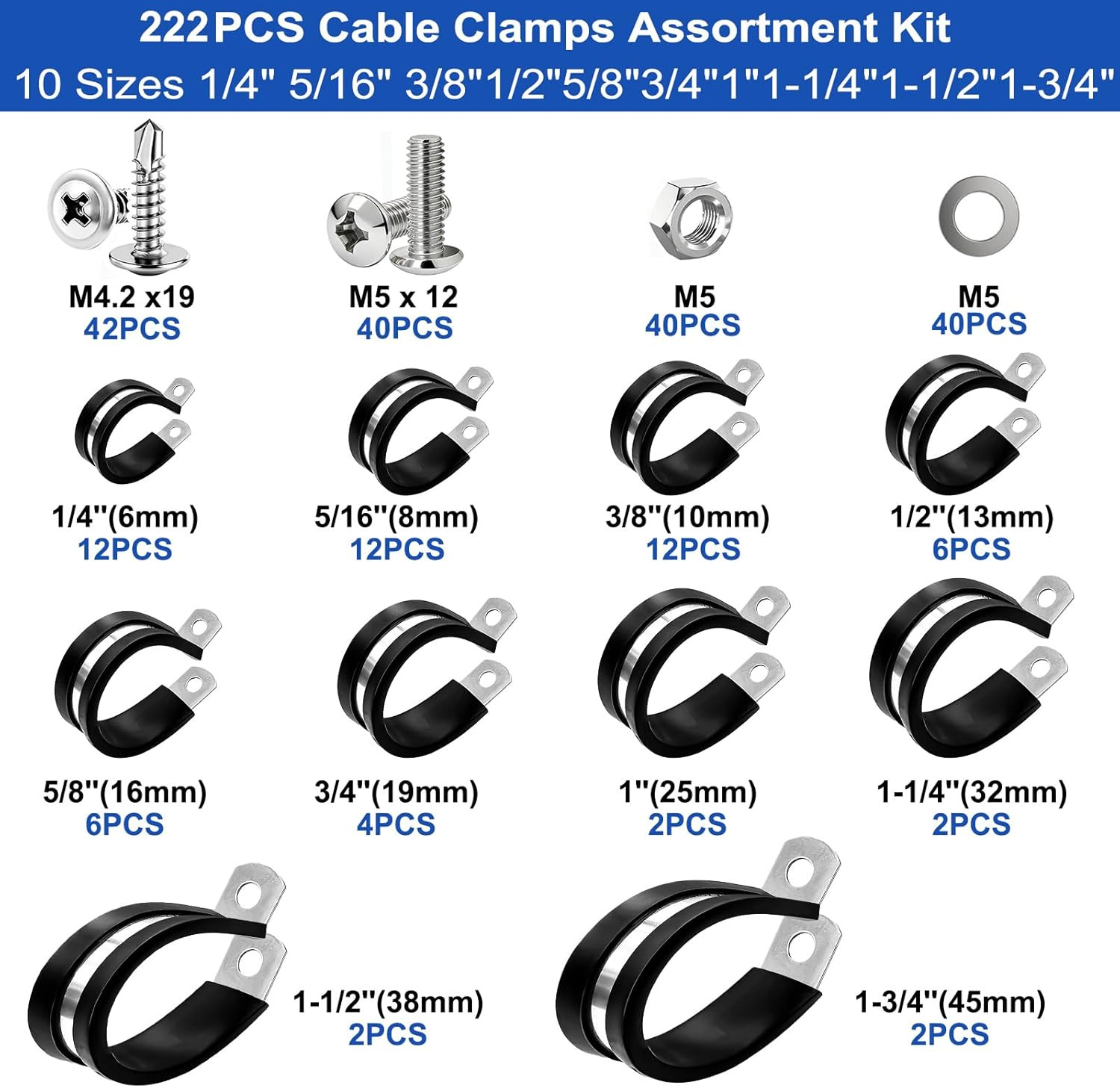 Taiss 222PCS Cable Clamps Assortment Kit 304 Stainless Steel Rubber Cushion Pipe