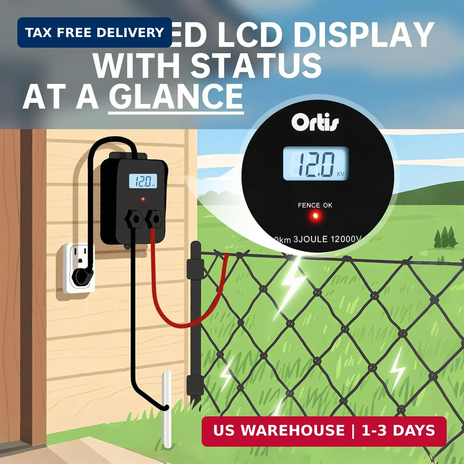 Electric Fence Energizer with LCD Display, Ortis 12,000V 3 Joules Electric Fence