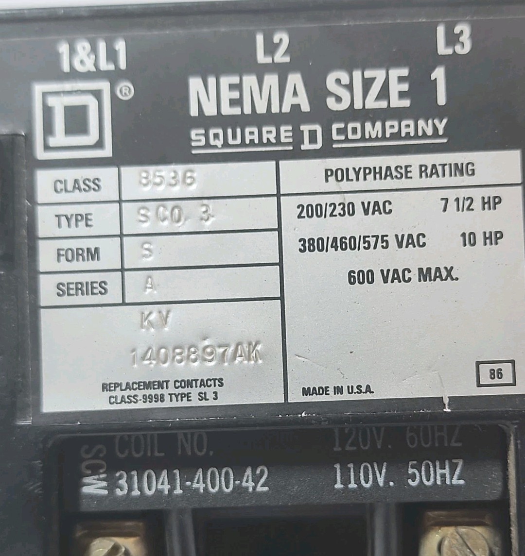 Square D NEMA Size 1 Motor Starter 8536 SCO3 Series A 120V Coil 3-Pole 8536SCO3