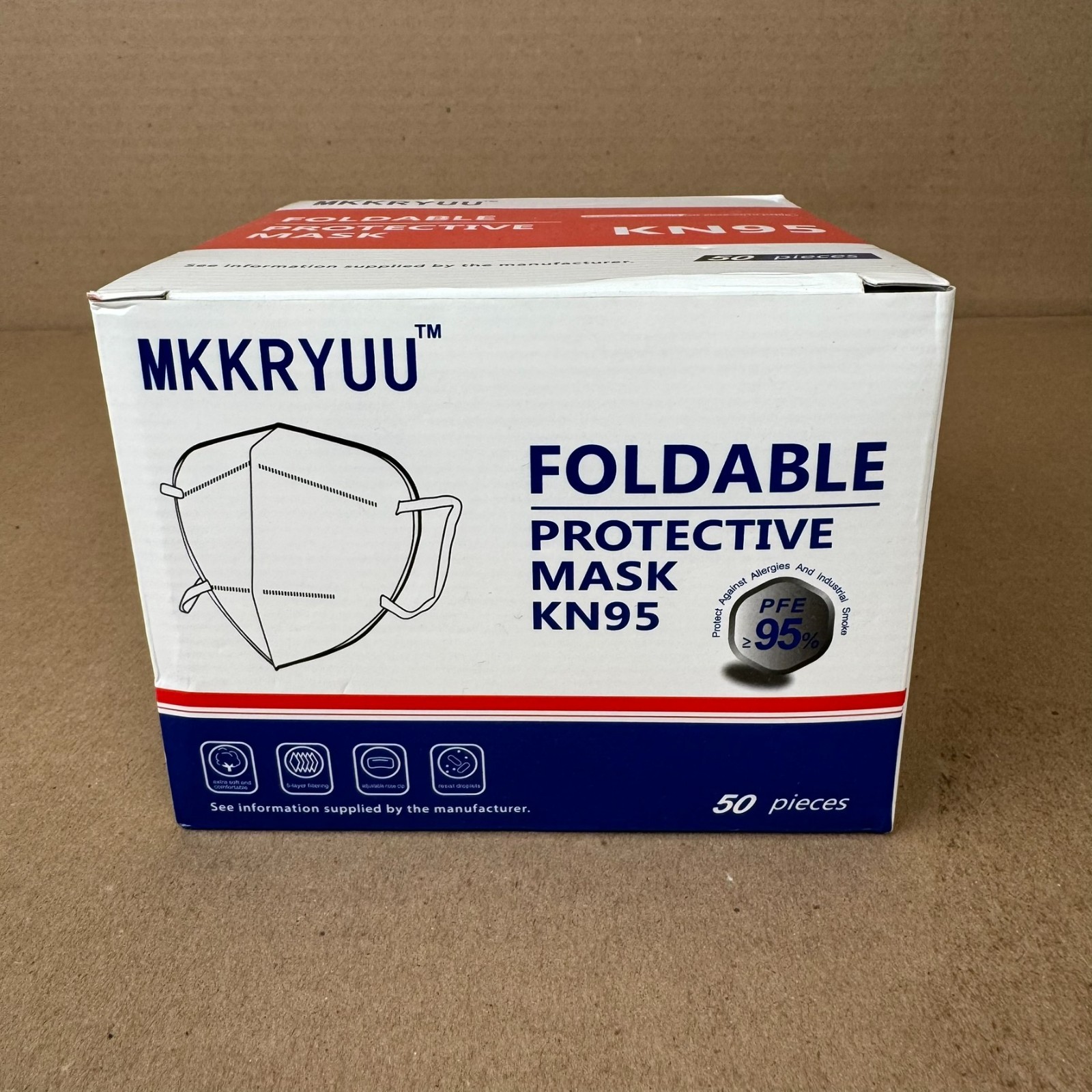 MKKRYUU KN95 Foldable Protective Face Mask 50 Pack GB2626-2019 Sealed Box