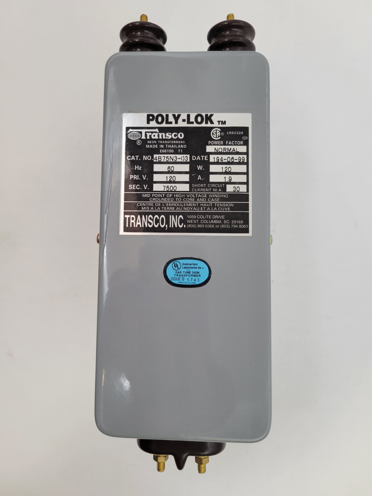Transco 4B75N3-03 Neon Tube Light Transformer 7.5KV Pri: 120V Sec: 7500V 60Hz