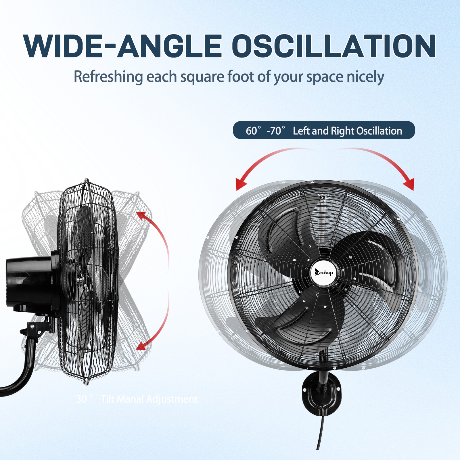 18» Industrial Wall Mount Fan Oscillating, 3-Speeds High Velocity Max. 4592 CFM