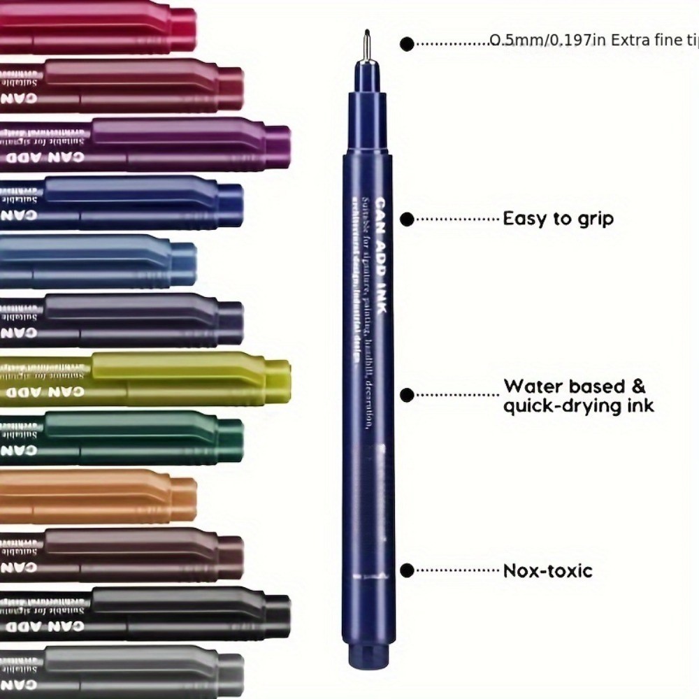 12PCS Micron Graphic Needle Pen Set – 0.5mm Water-Based Pigment Ink for Art