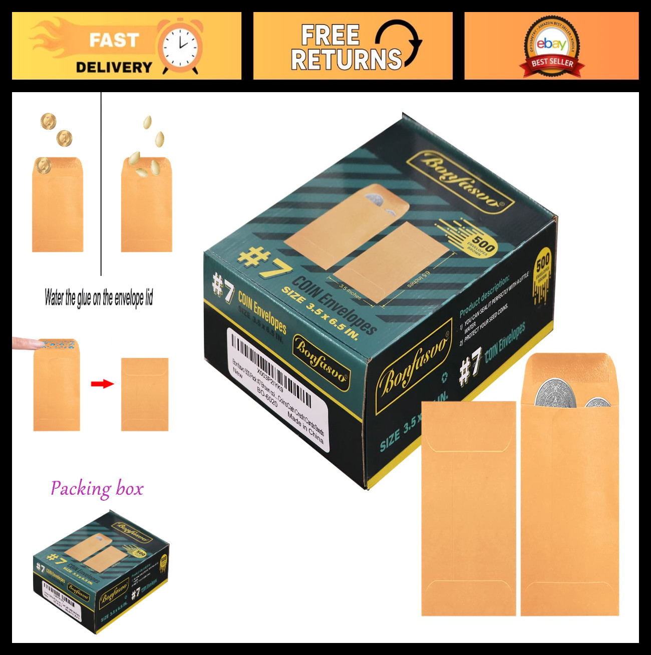 500 Pack Brown Coin Envelopes 3.5×6.5″ Kraft Self-Adhesive for Cash, Cards, Seed