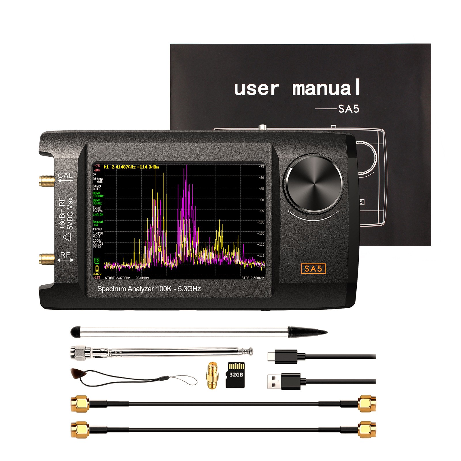 4″ IPS LCD SA5 Multifunctionl Spectrum Analyzer 100k-5.3GHz Signal Generator