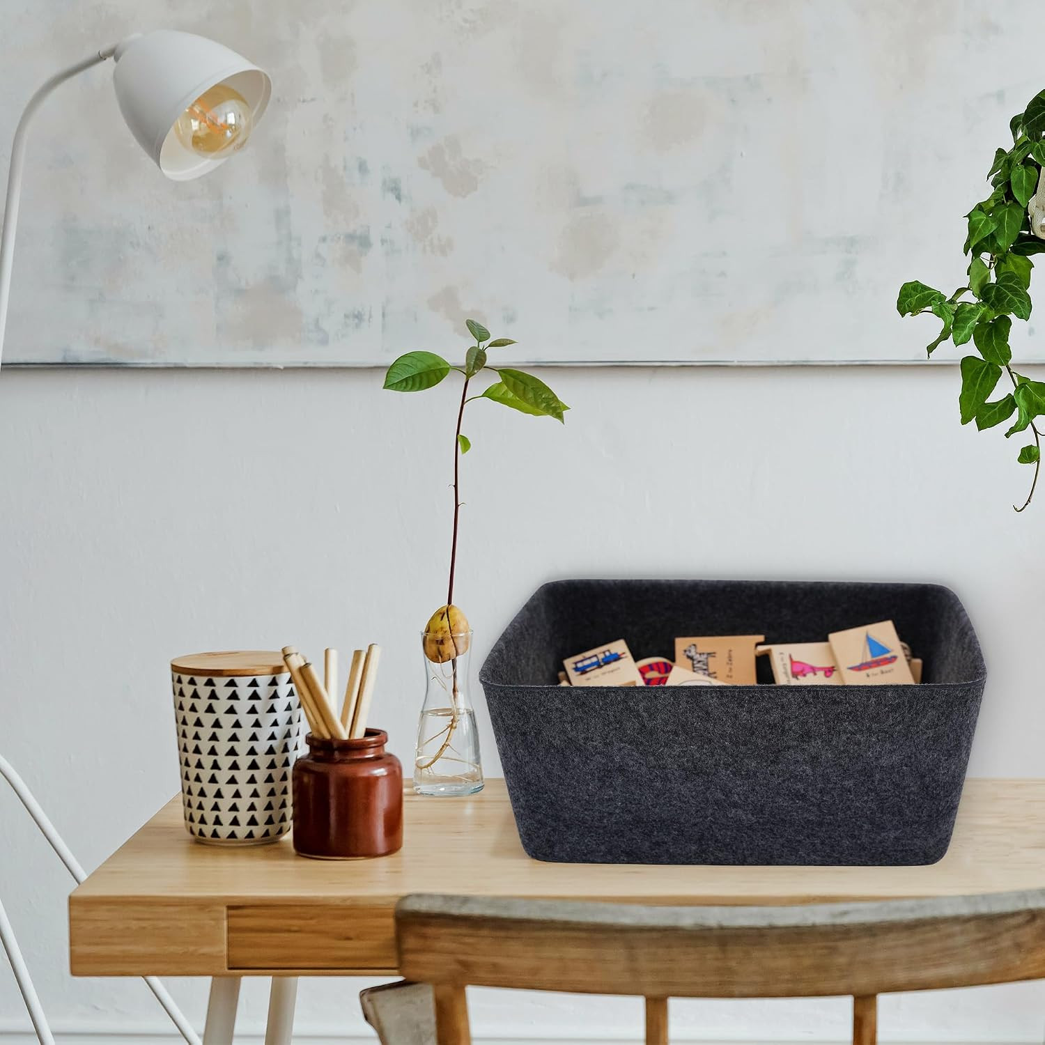 Charcoal Minimalist Felt Desk Organizer – Deep & Wide Storage Bin