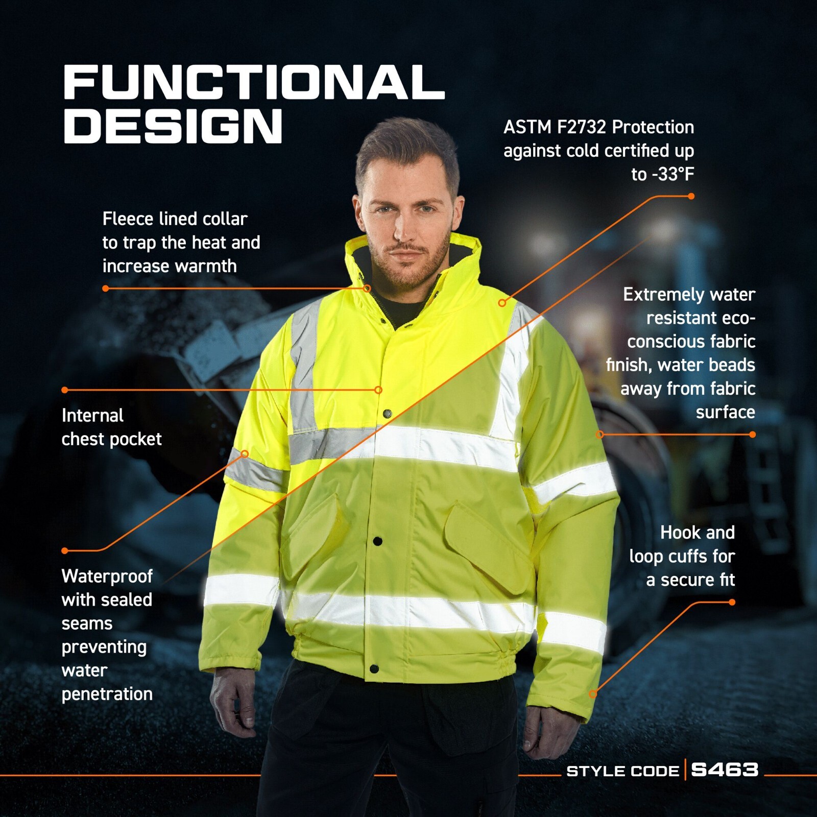 Portwest US463 Mens Waterproof Hi Vis Bomber Jacket Winter Safety Reflective
