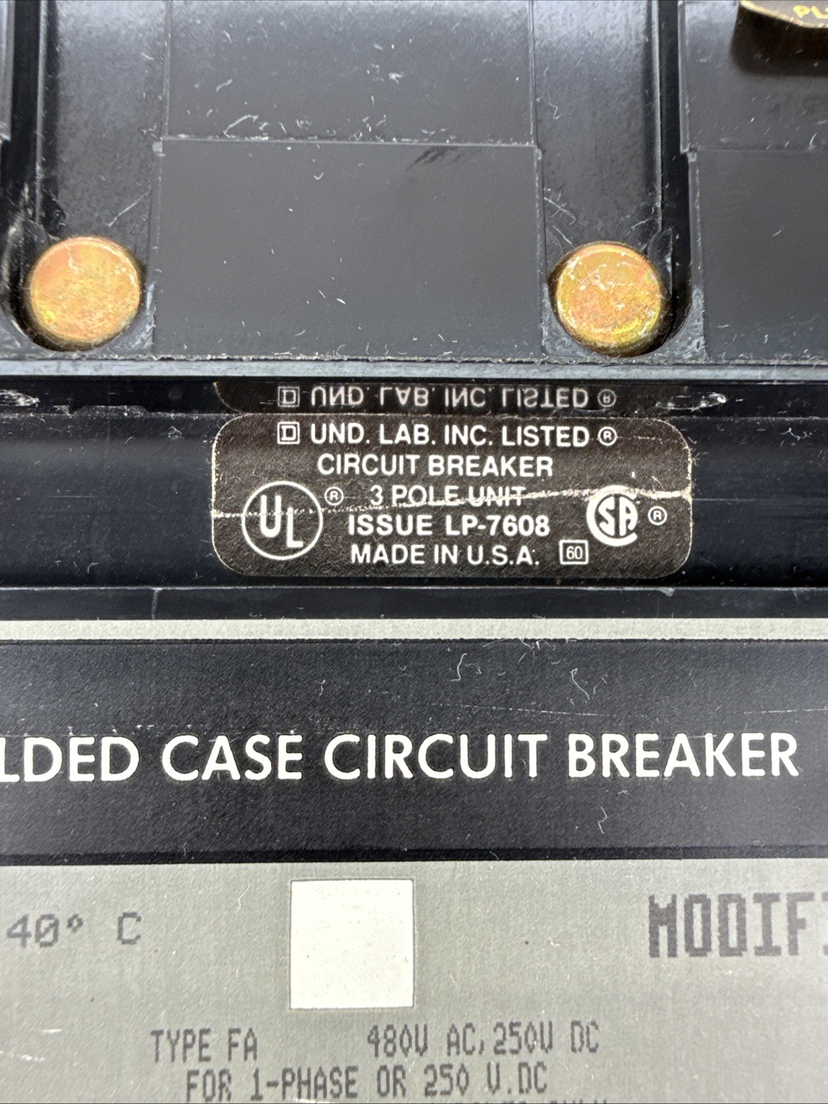 Square D FA34060 Thermal-Magnetic Circuit Breaker, 3-Pole, 60A, 480VAC, 250VDC